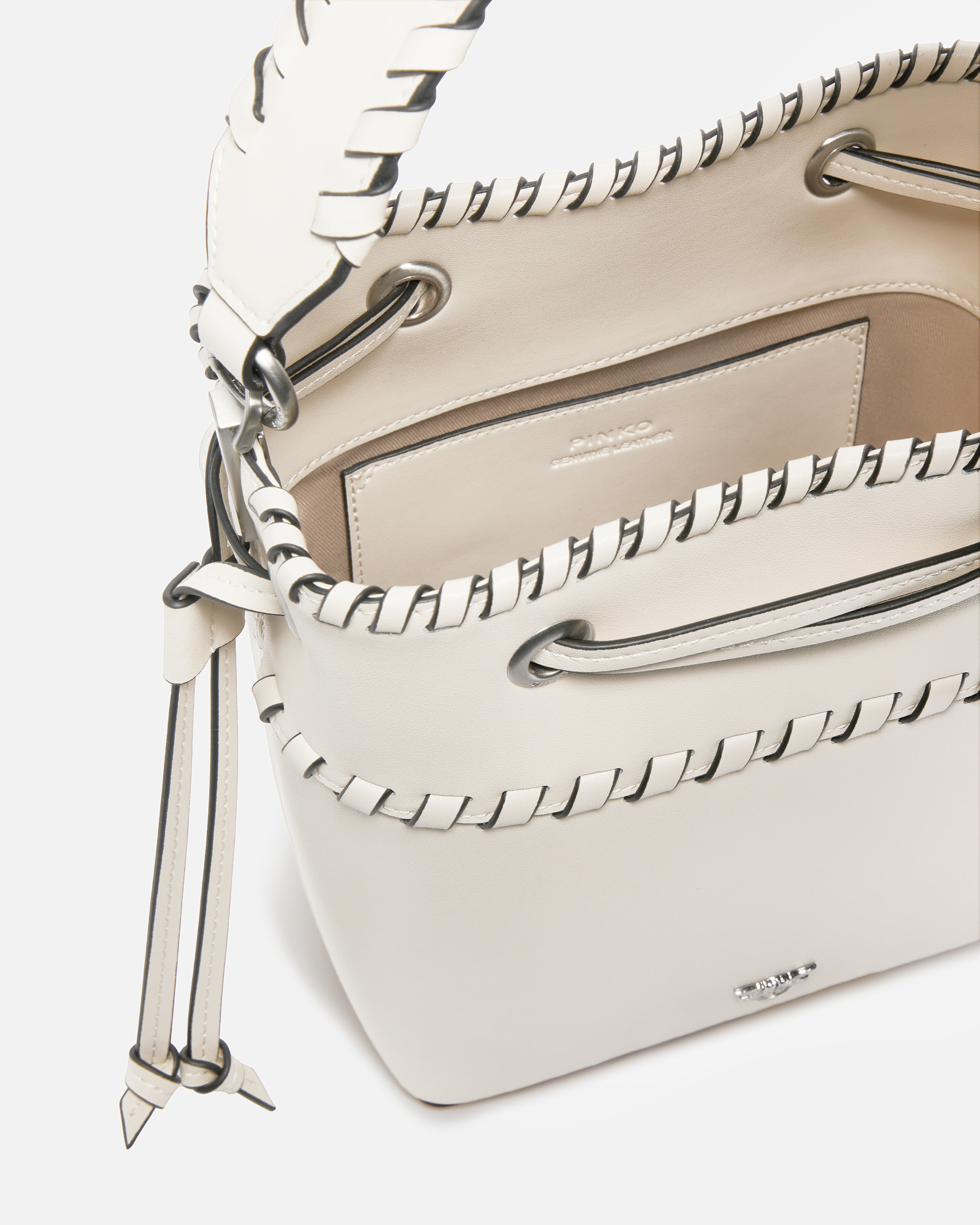 Pinko Small Leather Bucket Bag With Threaded Detailing In White