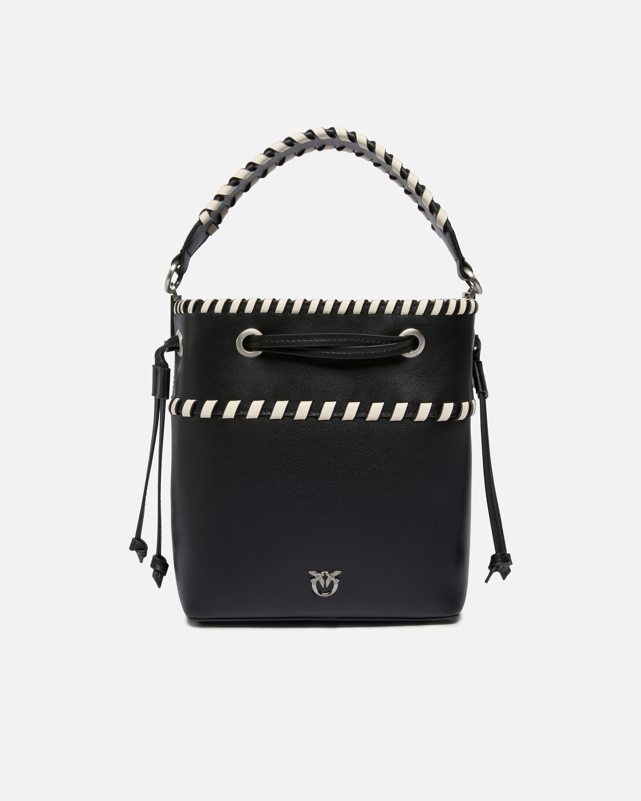 Pinko Small Leather Bucket Bag With Threaded Detailing In Black