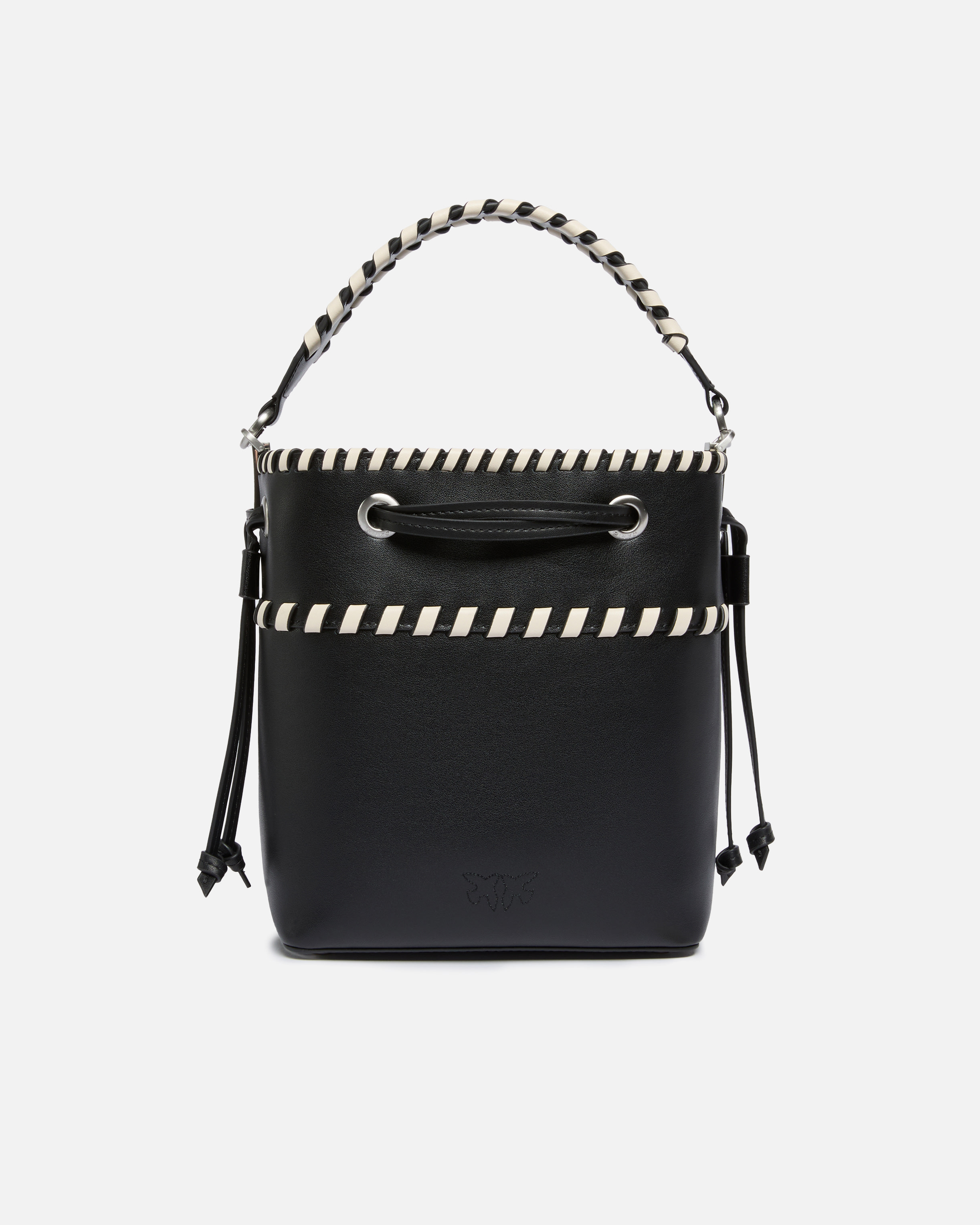Pinko Small Leather Bucket Bag With Threaded Detailing In Black