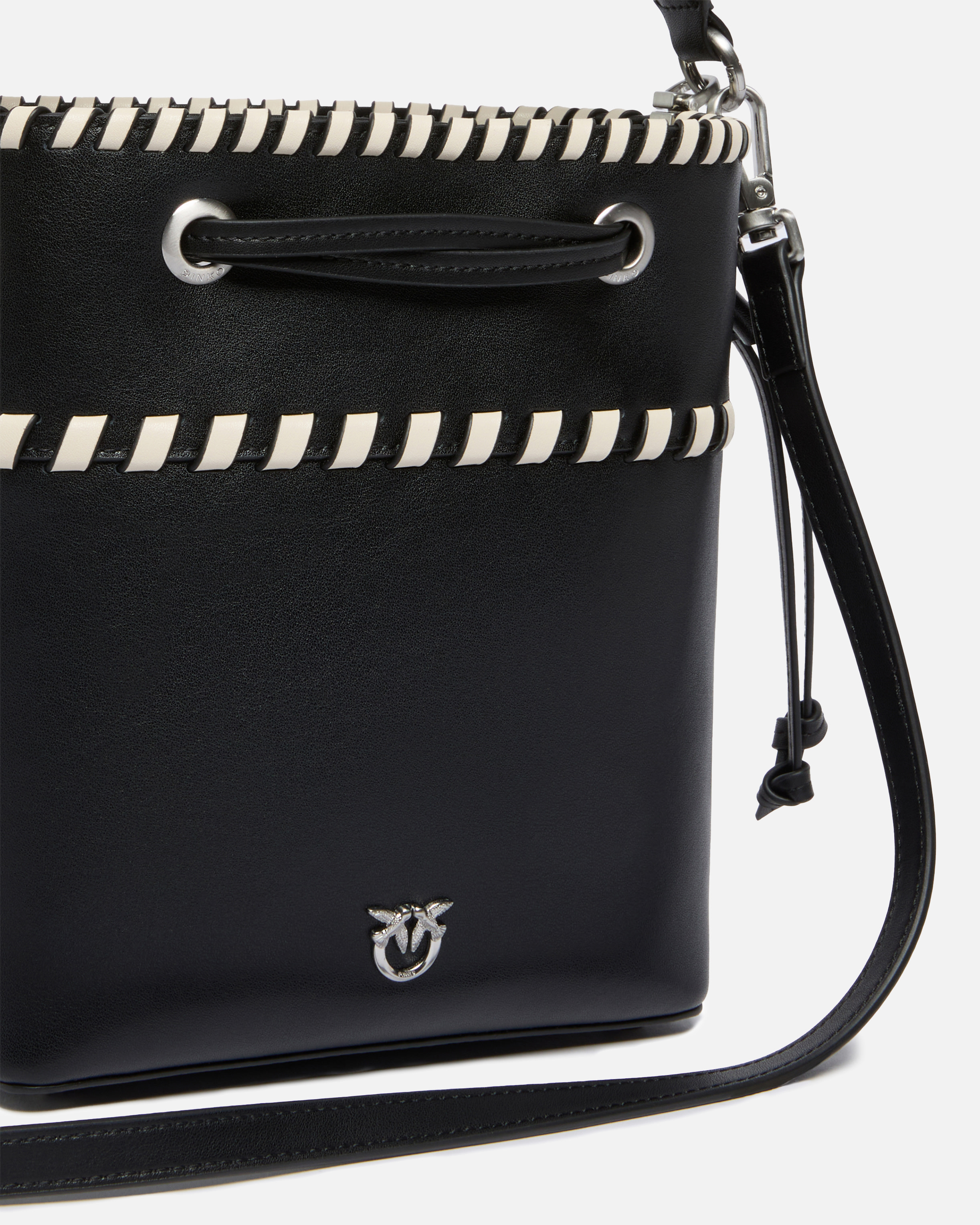 Pinko Small Leather Bucket Bag With Threaded Detailing In Black