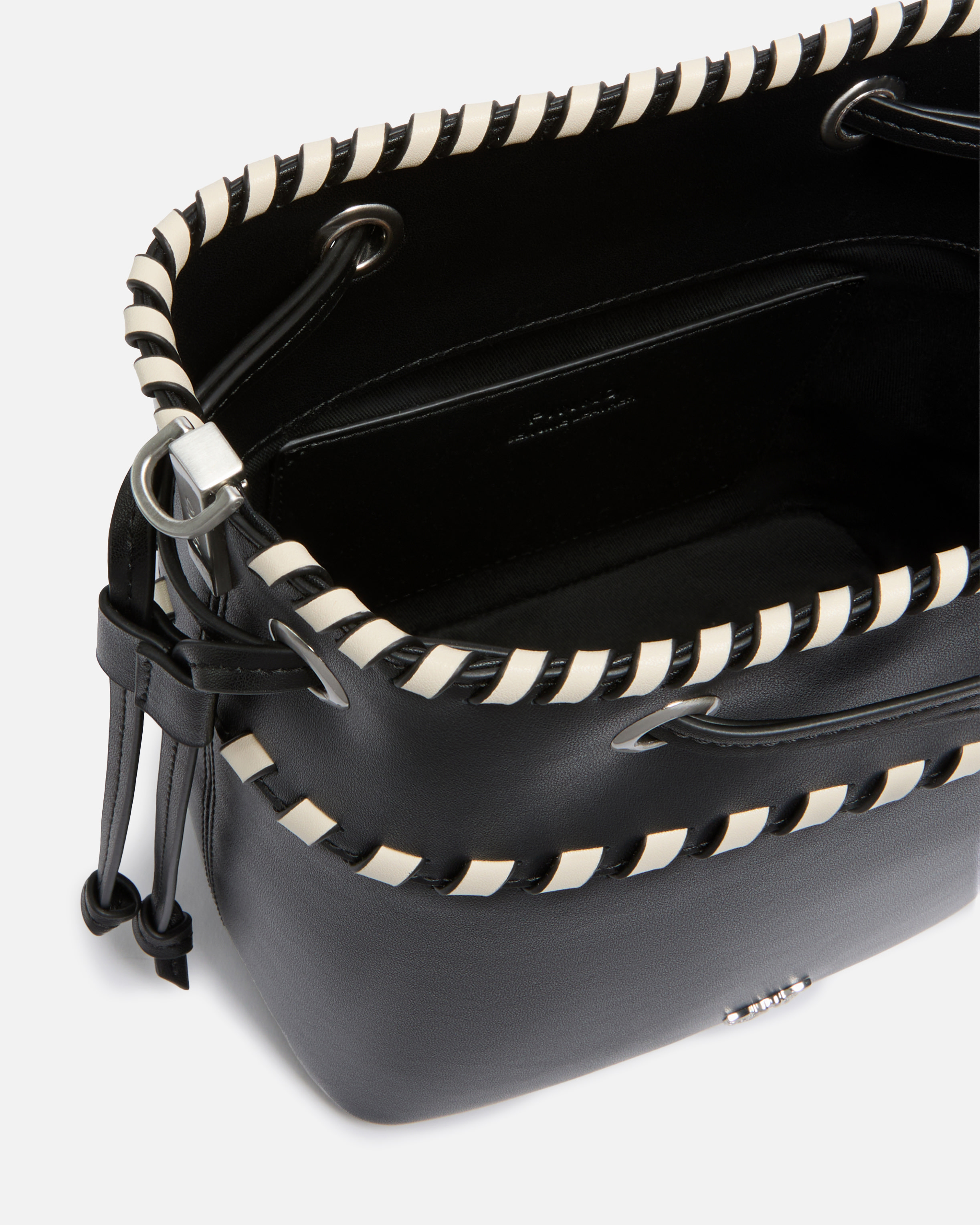 Pinko Small Leather Bucket Bag With Threaded Detailing In Black