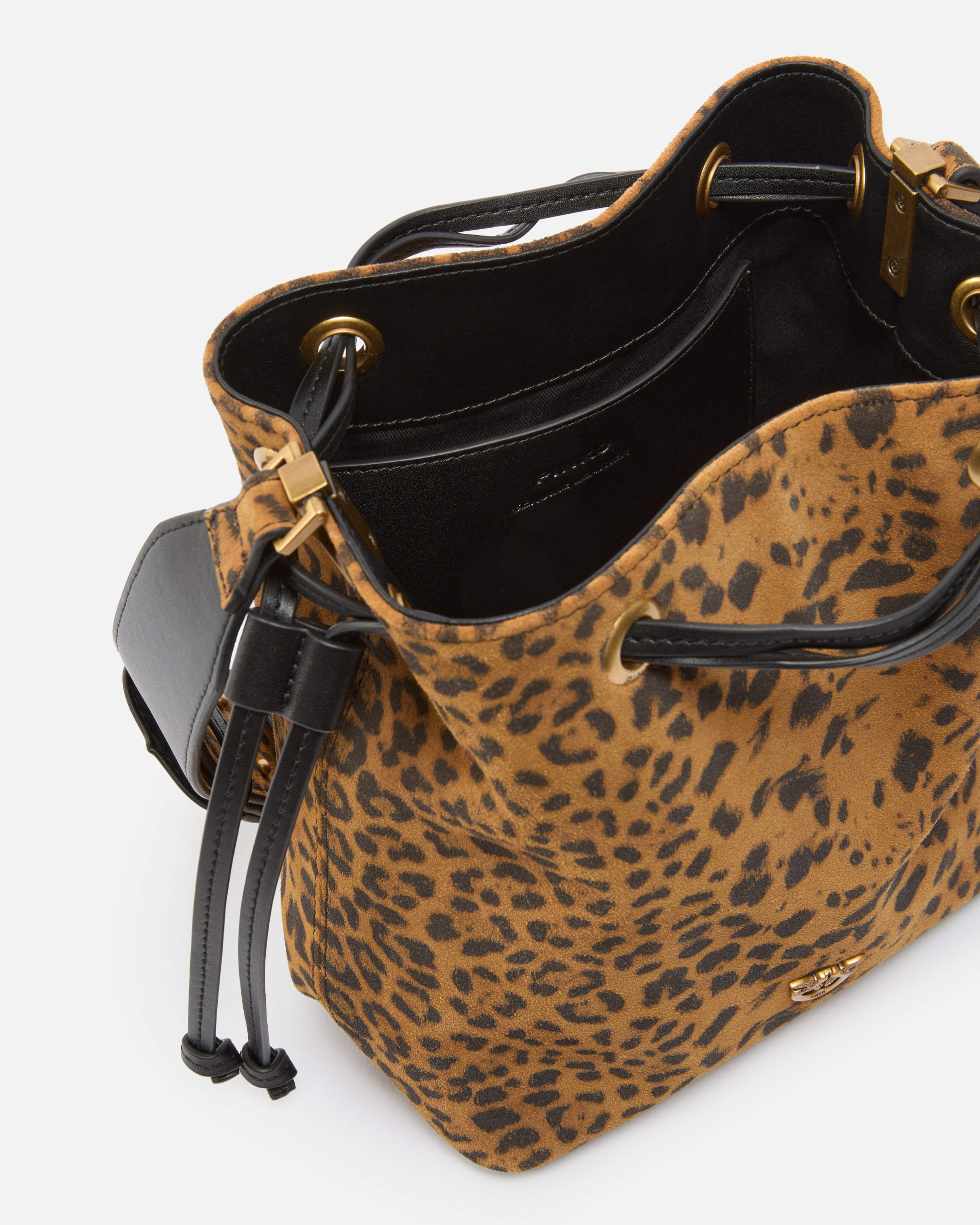 Pinko Mini Bucket Bag In Leopard Suede
