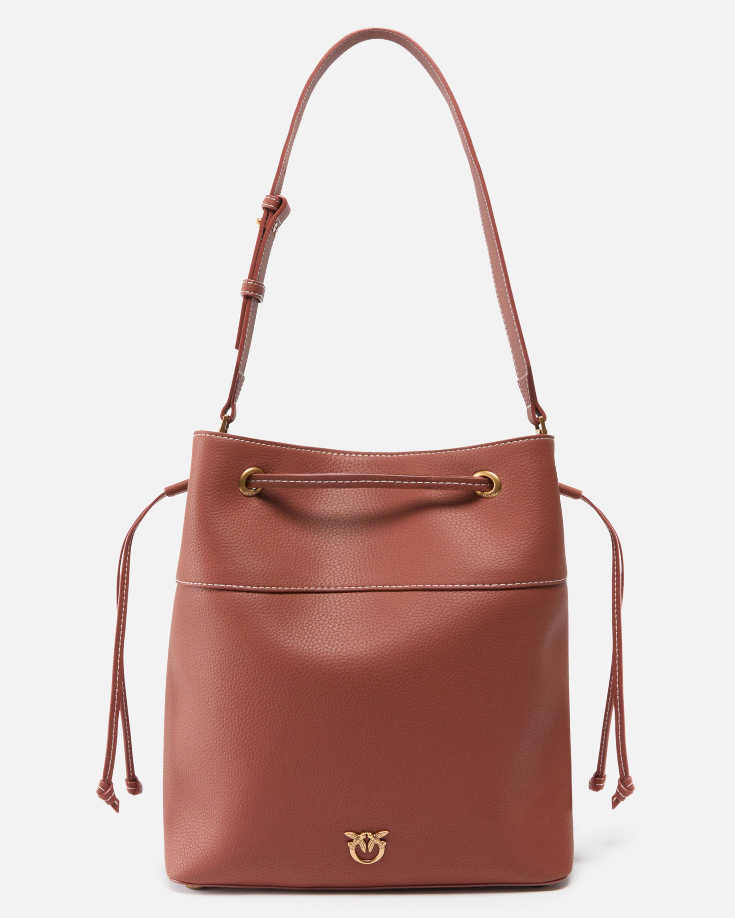 Pinko Leather Bucket Bag With Shoulder Strap In Arab-antique Gold