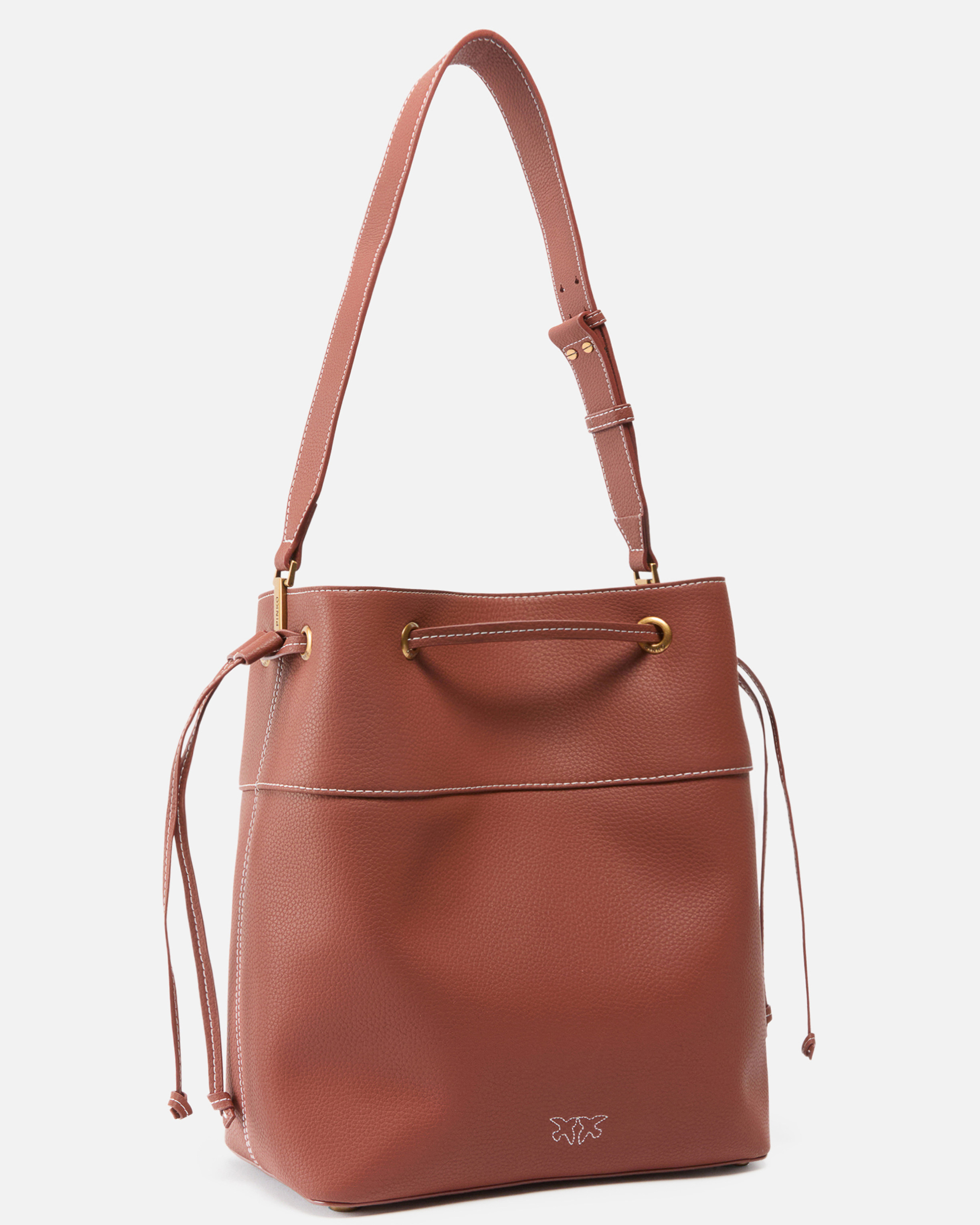 Pinko Leather Bucket Bag With Shoulder Strap In Arab-antique Gold