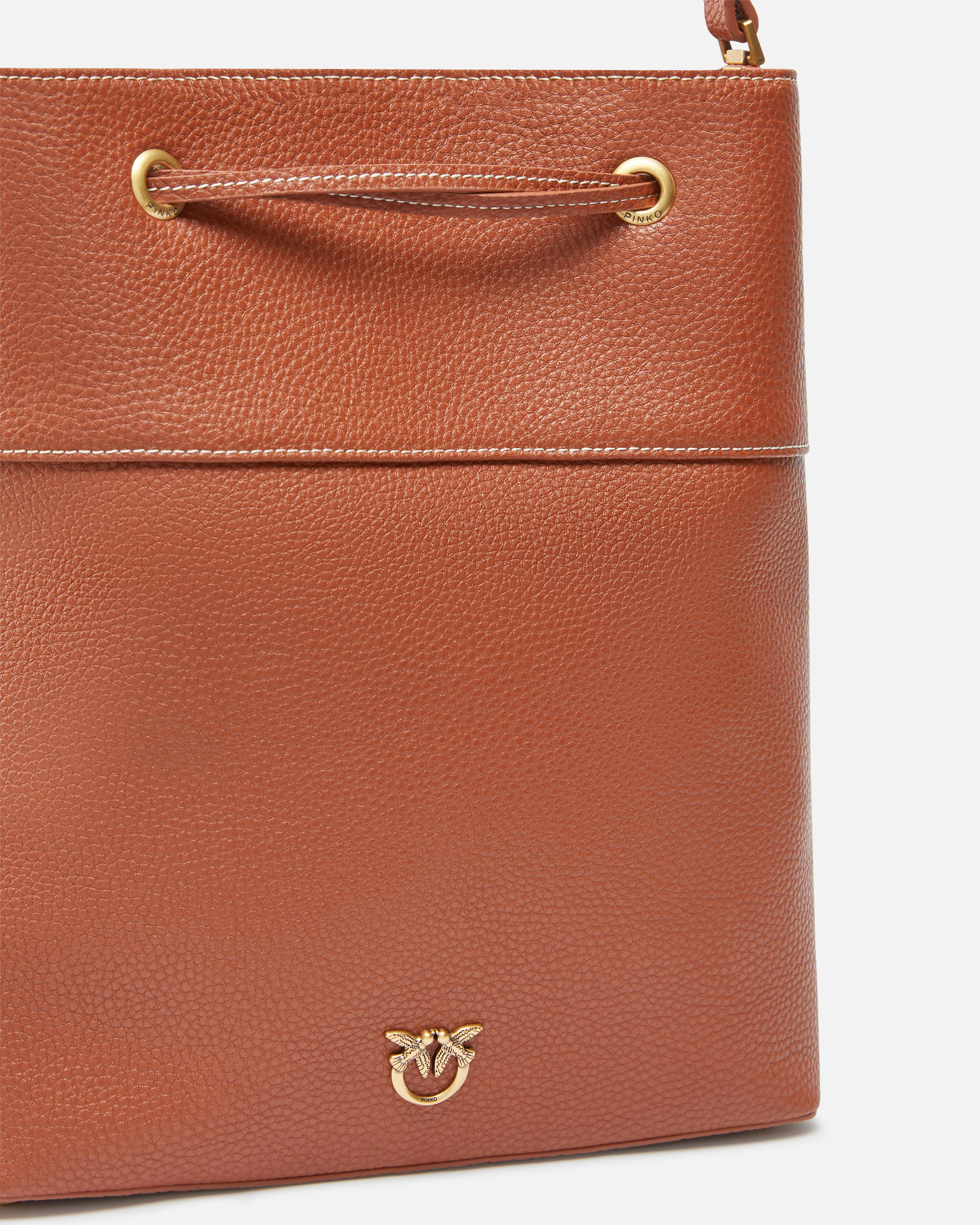 Pinko Leather Bucket Bag With Shoulder Strap In Arab-antique Gold