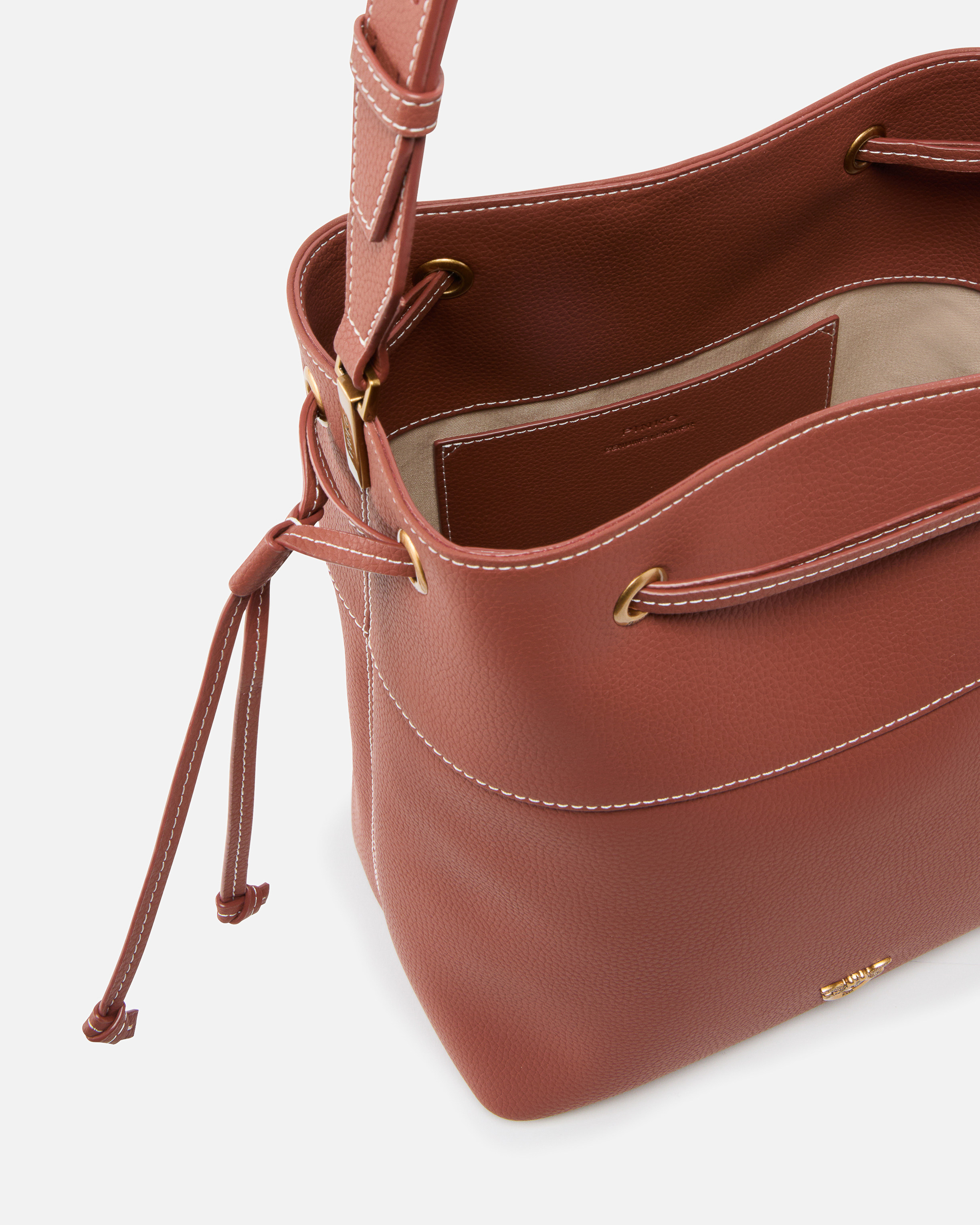 Pinko Leather Bucket Bag With Shoulder Strap In Arab-antique Gold