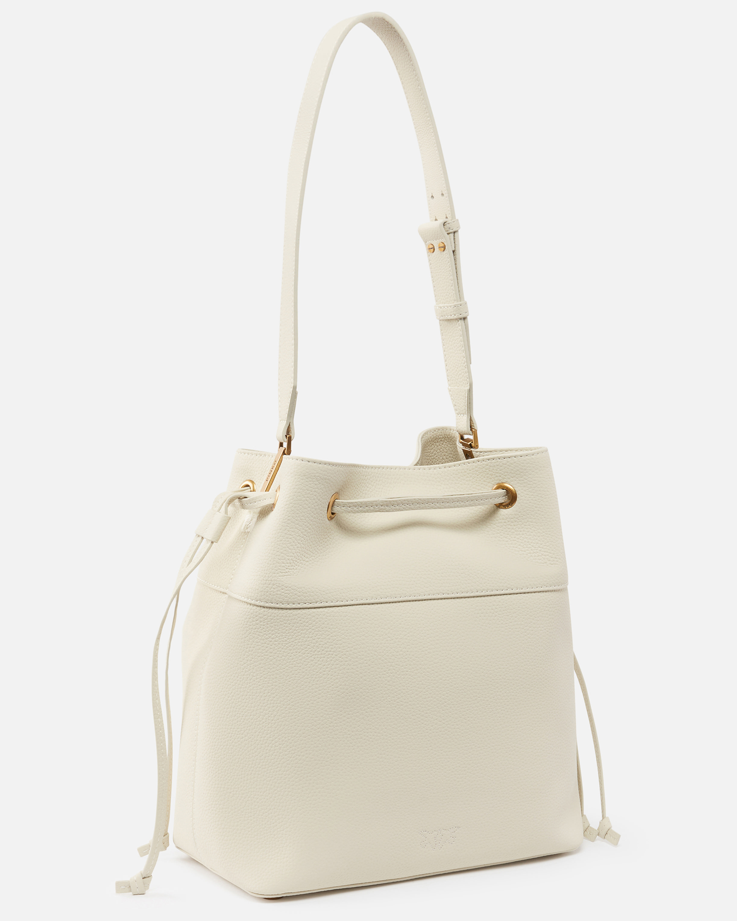 Pinko Leather Bucket Bag With Shoulder Strap In White+white-antique Gold