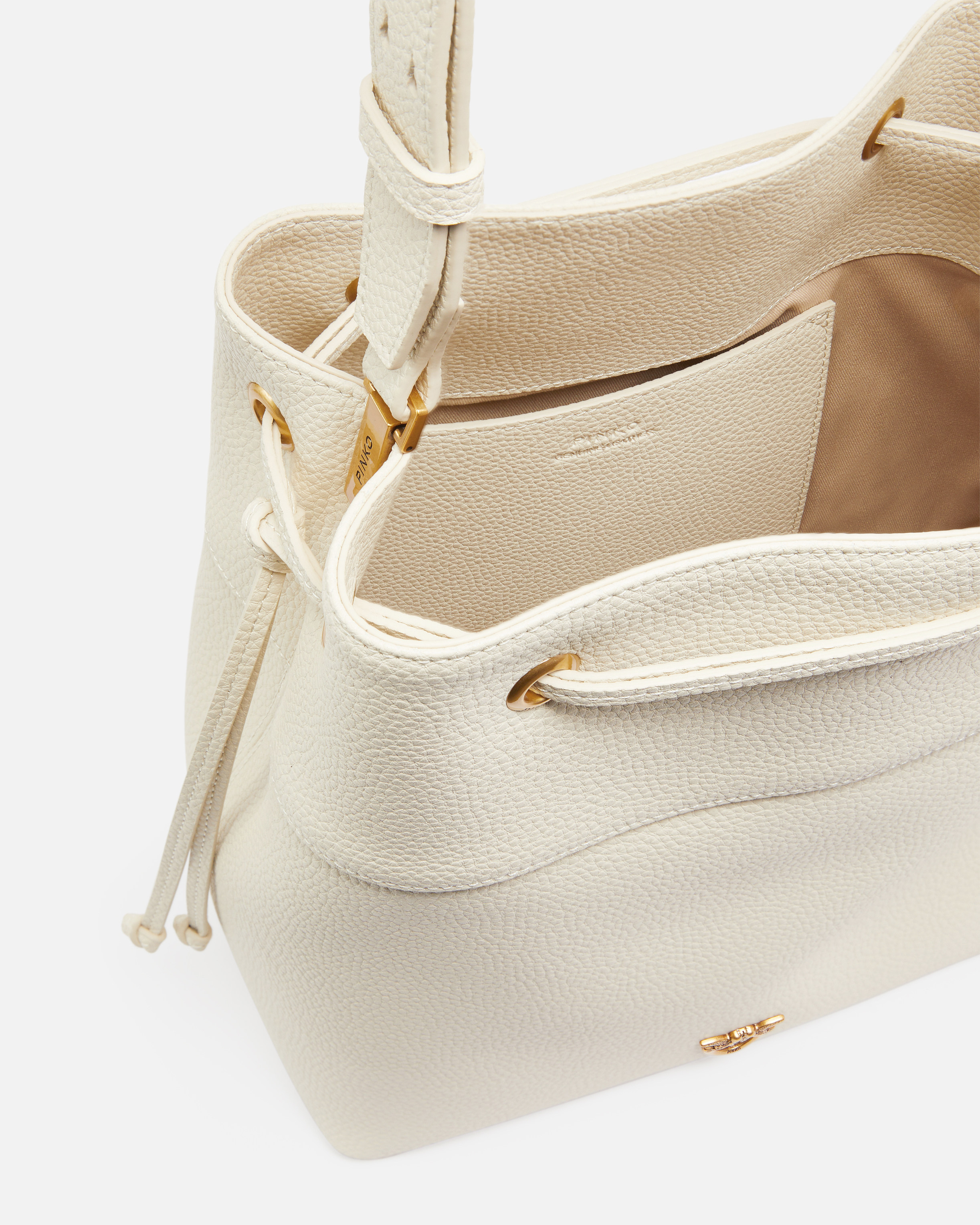 Pinko Leather Bucket Bag With Shoulder Strap In White+white-antique Gold