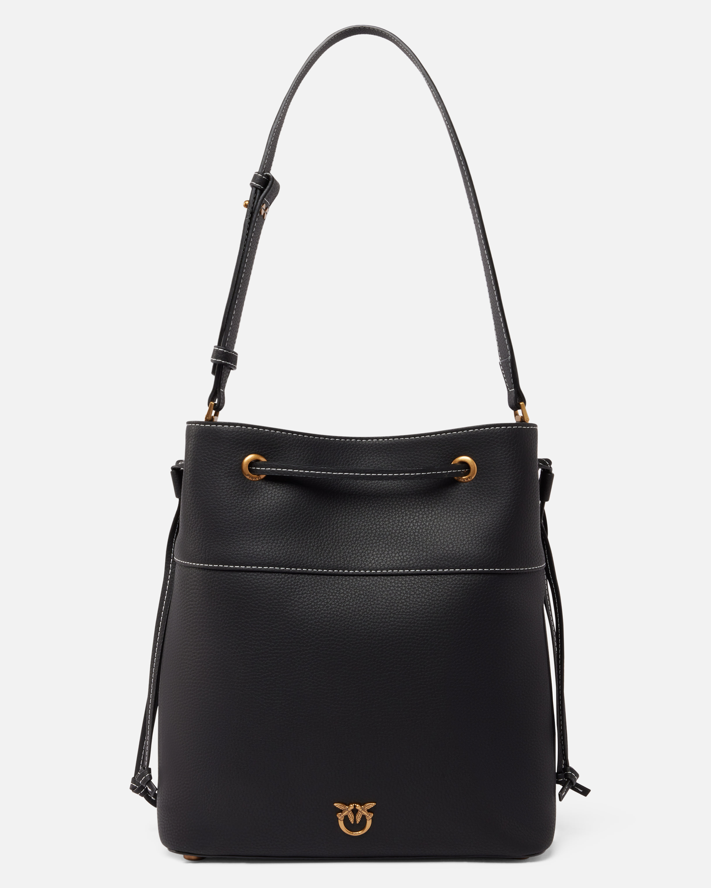 Pinko Leather Bucket Bag With Shoulder Strap In Black-antique Gold
