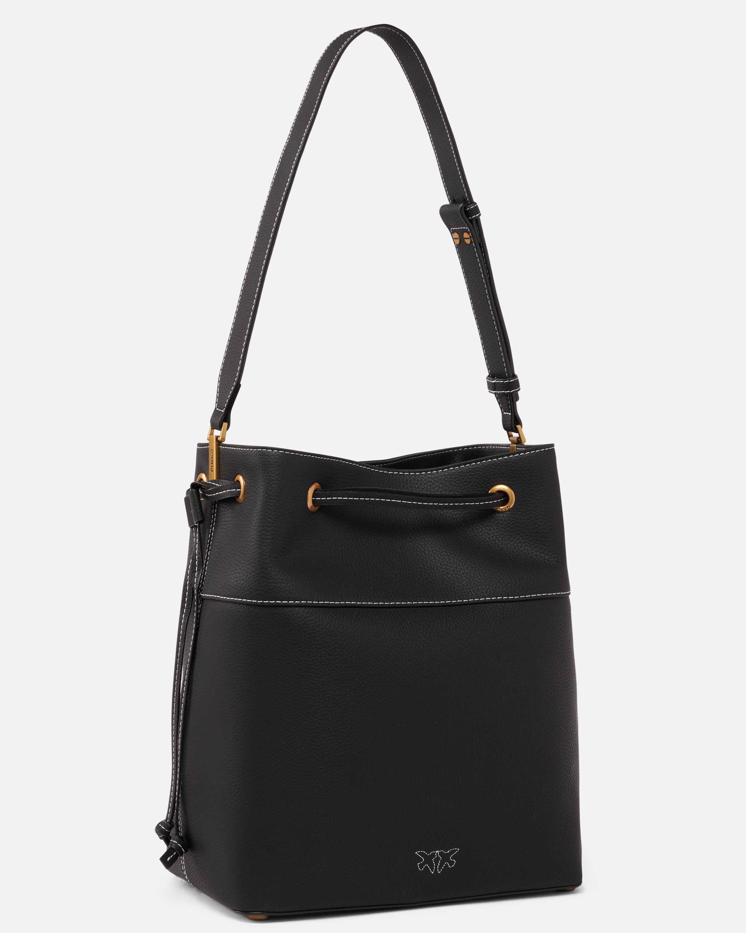 Pinko Leather Bucket Bag With Shoulder Strap In Black-antique Gold