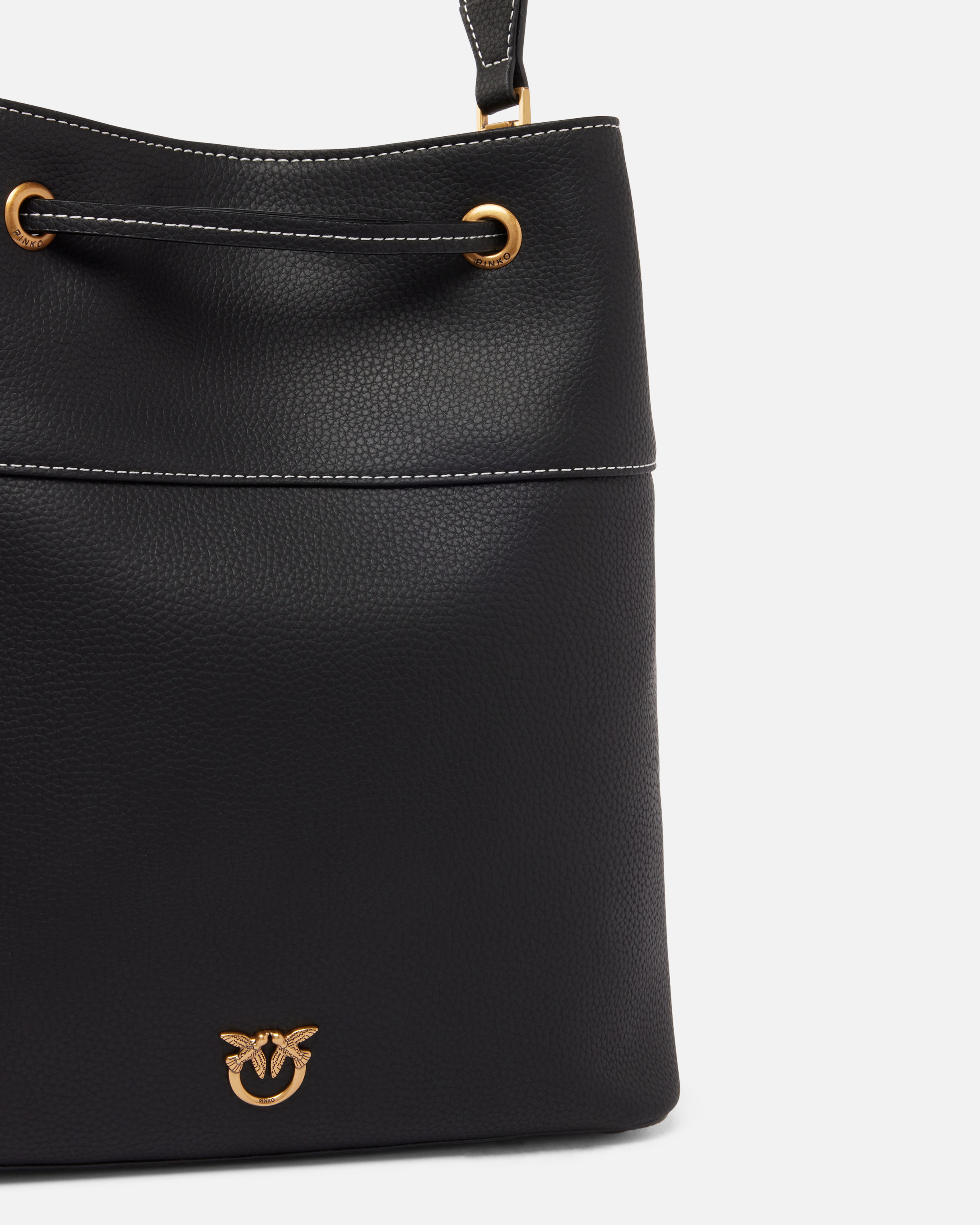 Pinko Leather Bucket Bag With Shoulder Strap In Black-antique Gold
