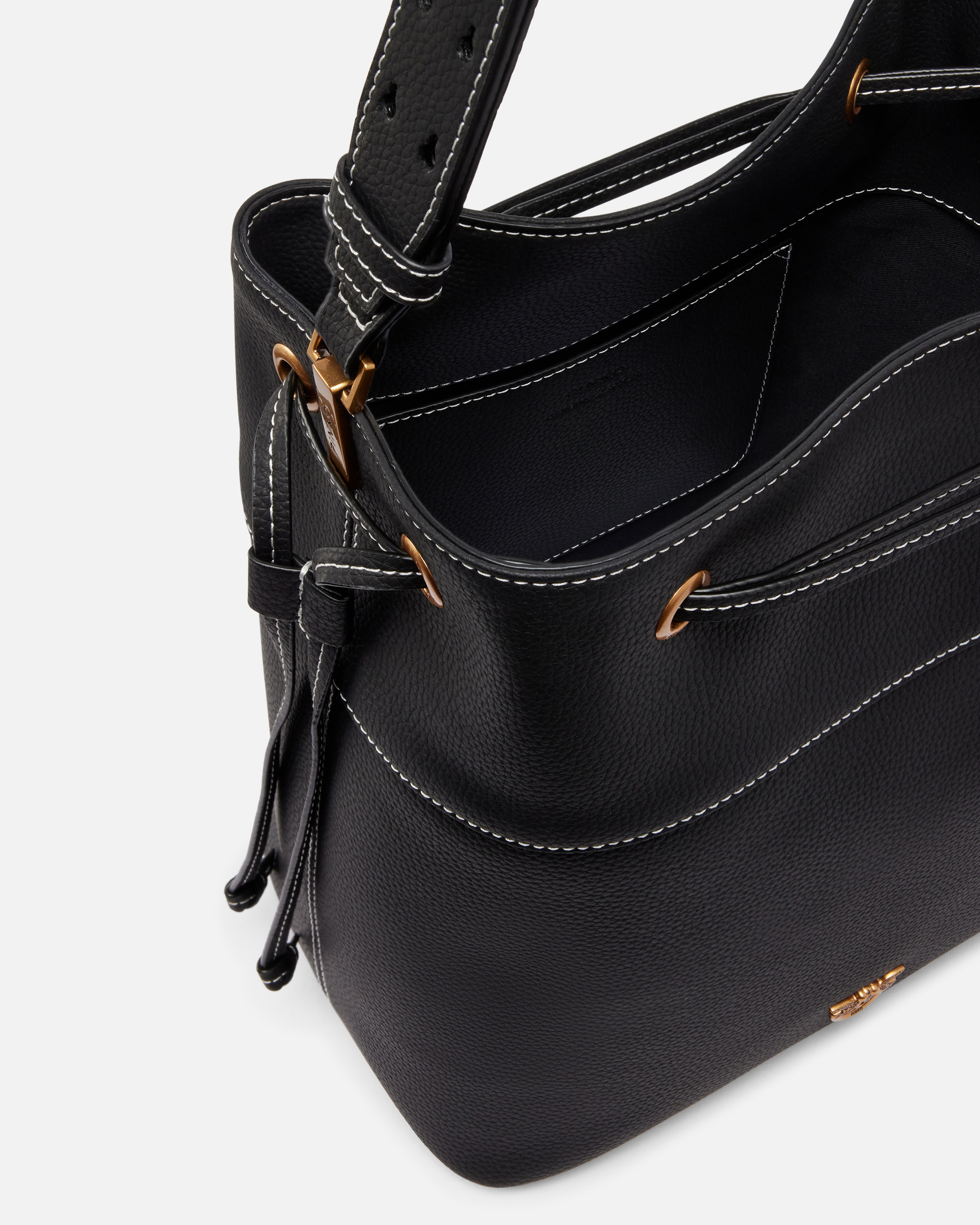 Pinko Leather Bucket Bag With Shoulder Strap In Black-antique Gold