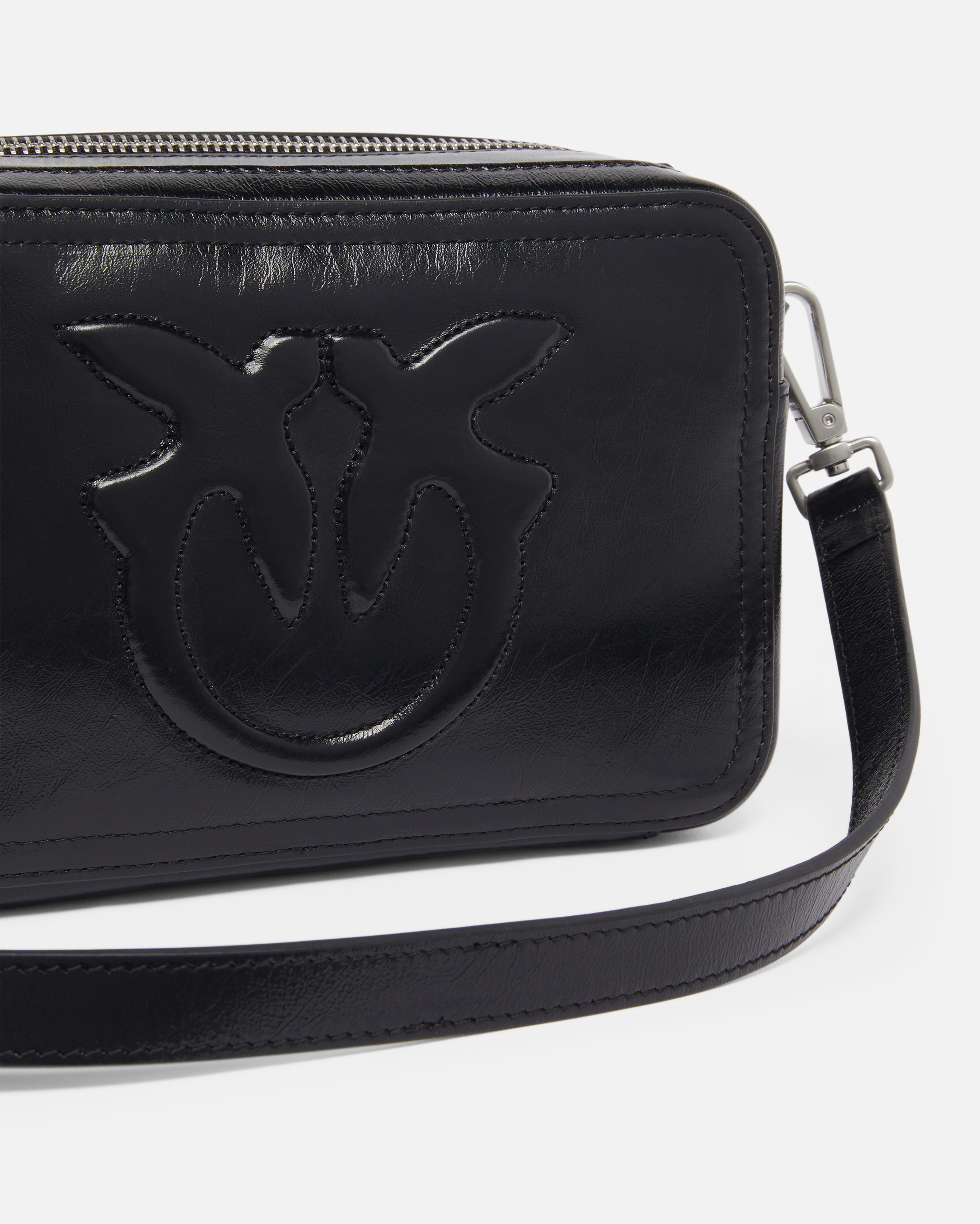 Pinko Camera Bag With Raised Logo In Limo Black-brushed Silver