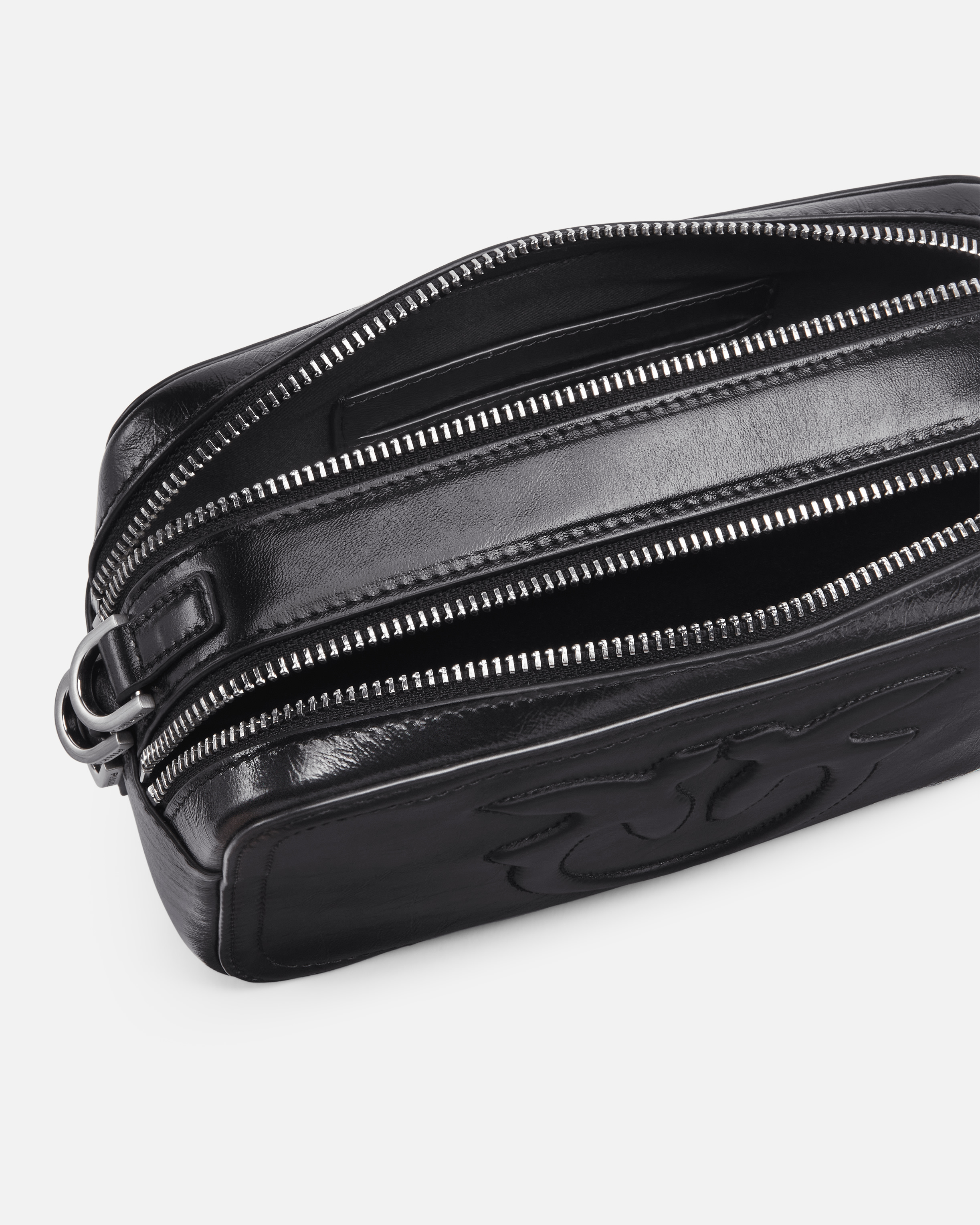 Pinko Camera Bag With Raised Logo In Limo Black-brushed Silver