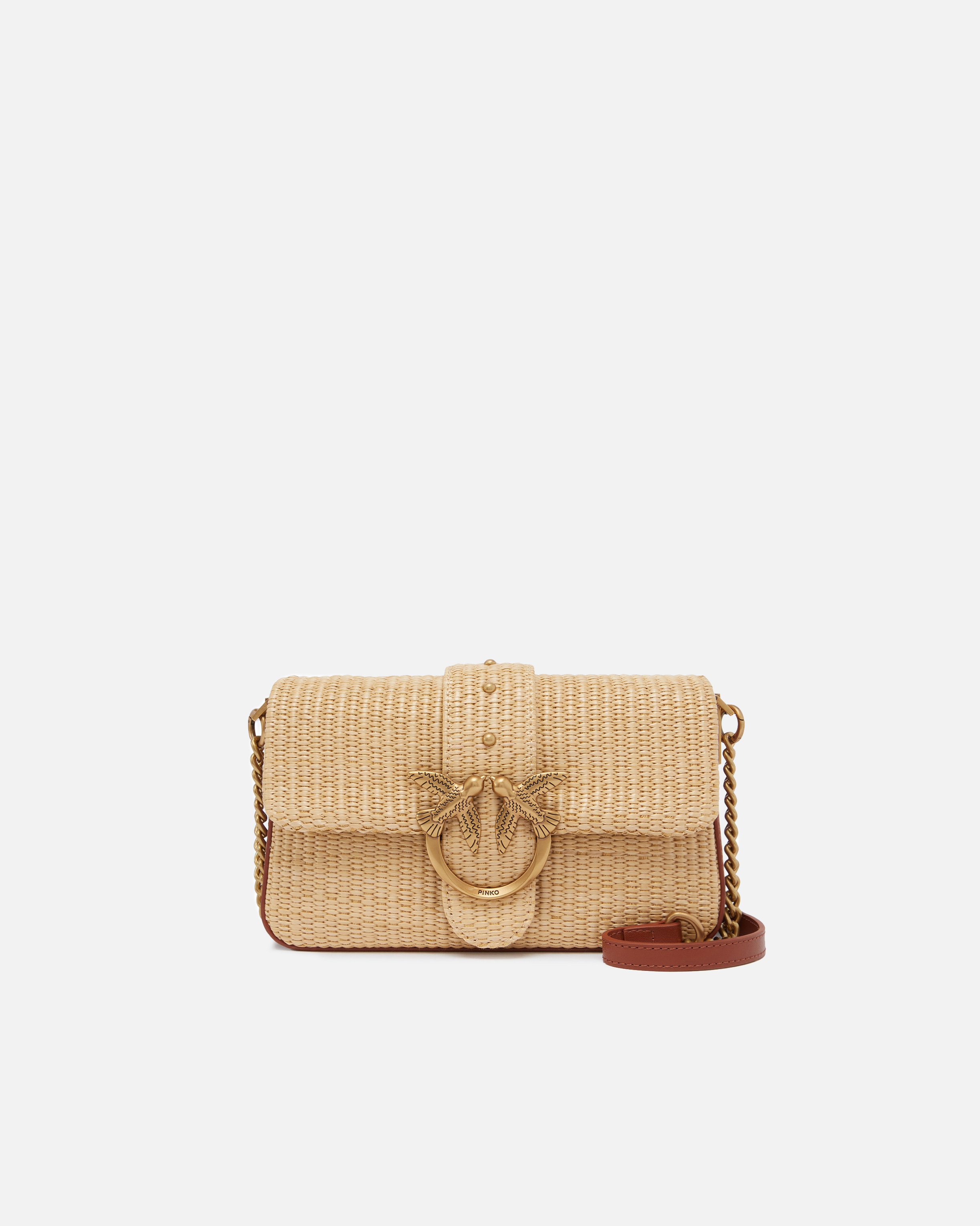 Pinko Mini Love Bag Slouchy Small Shoulder Bag In Raffia With Double Shoulder Strap