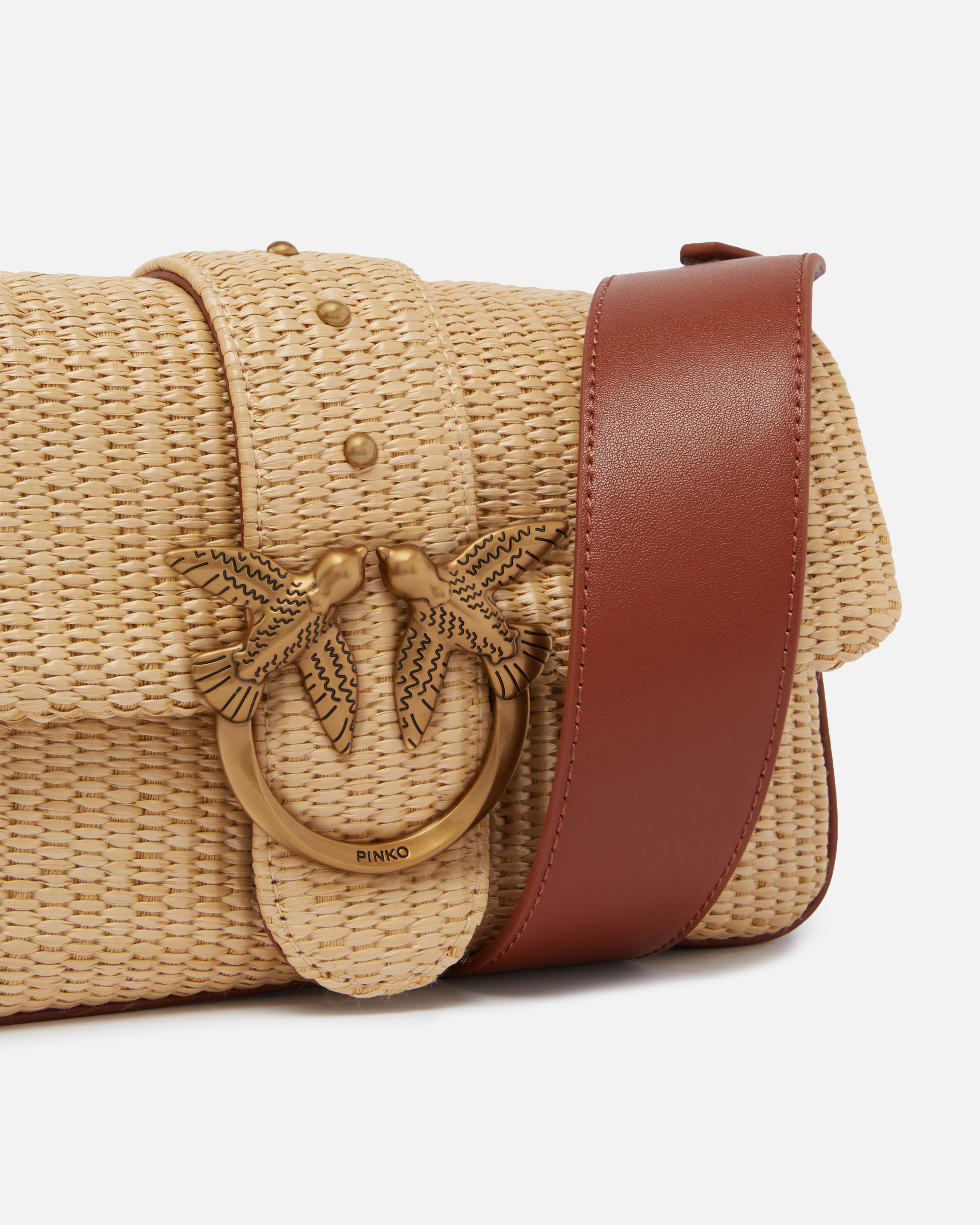 Pinko Mini Love Bag Slouchy Small Shoulder Bag In Raffia With Double Shoulder Strap
