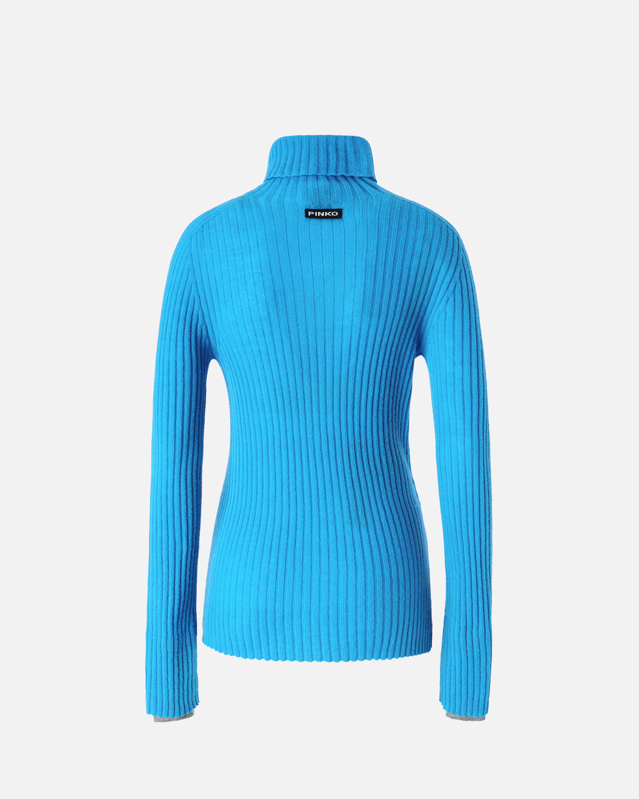Pinko High-neck Ribbed Cashmere-blend Sweater With Lurex Cuffs In Turquoise/grey