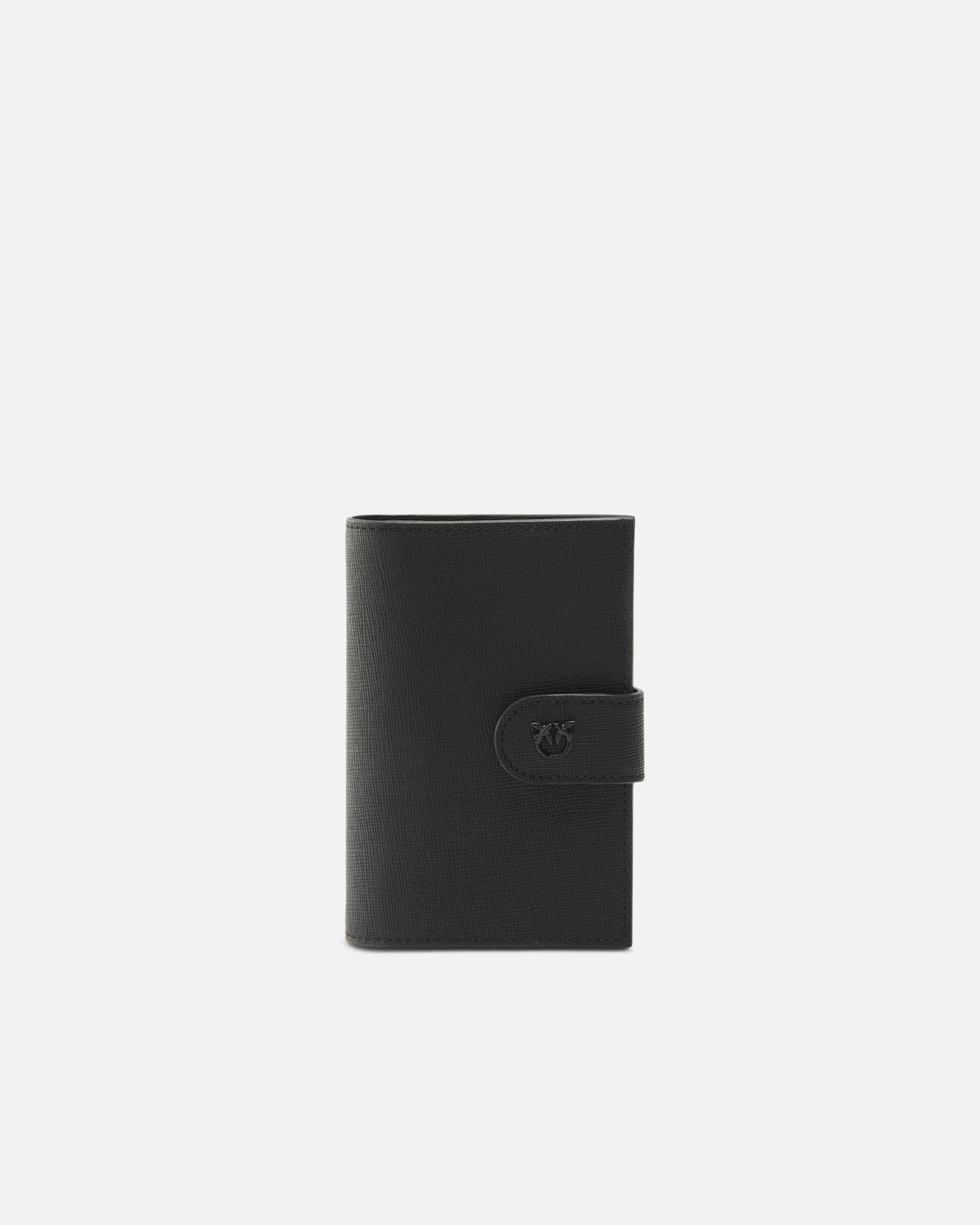 Pinko Porta Passaporto In Pelle Saffiano Con Logo Uccellini In Nero Limousine Block Color