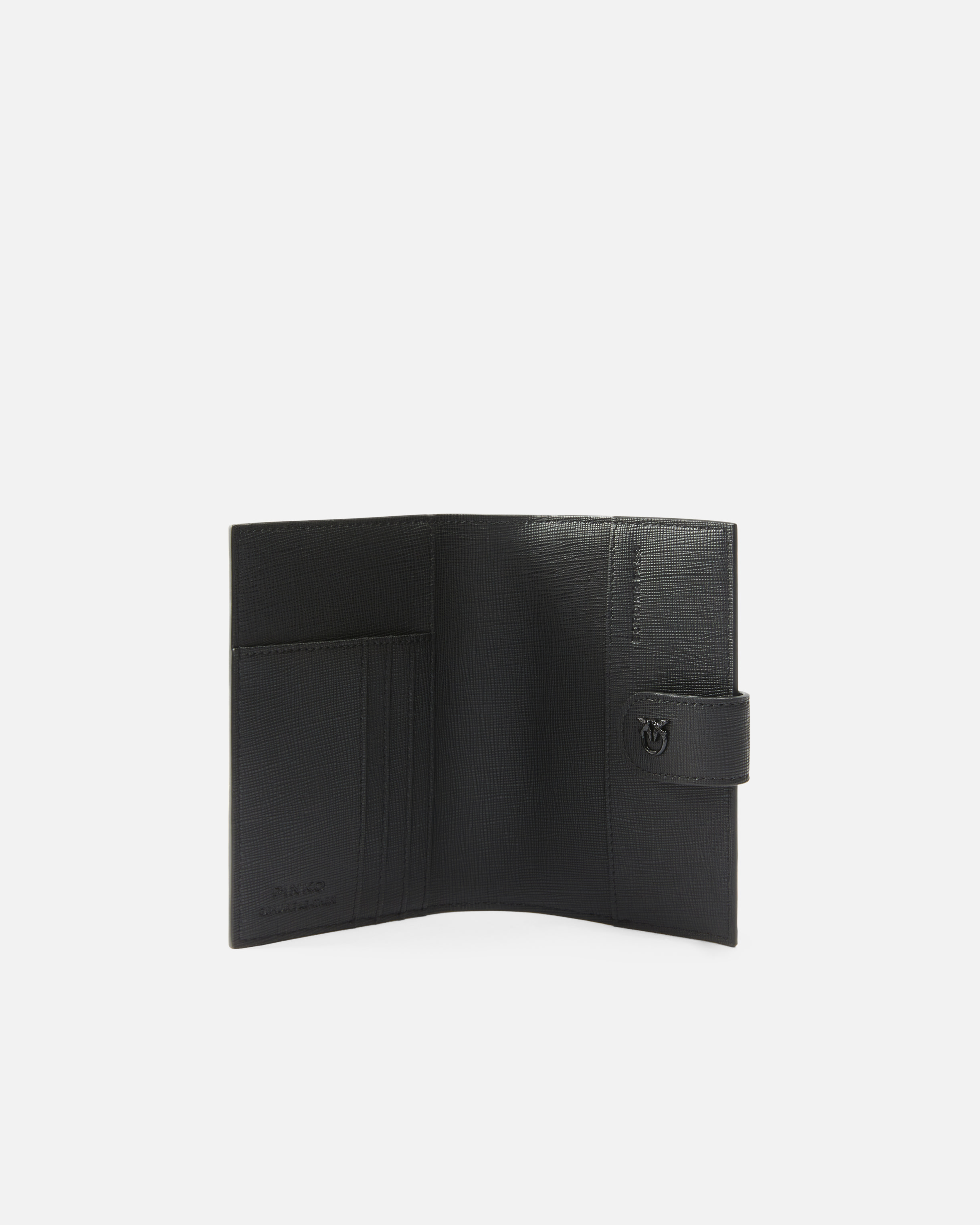 Pinko Porta Passaporto In Pelle Saffiano Con Logo Uccellini In Nero Limousine Block Color