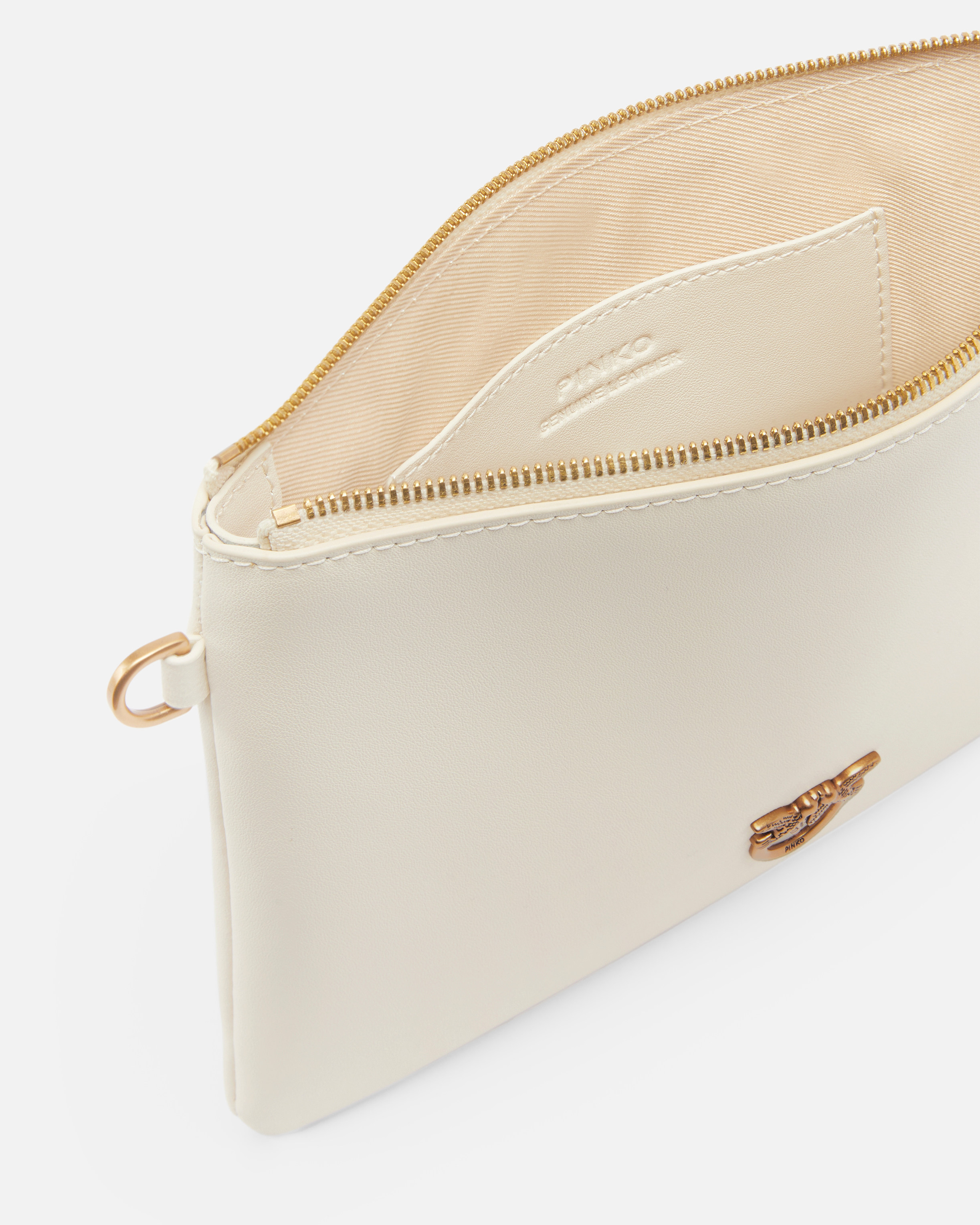 Square leather clutch with wristlet and birds logo PINKO