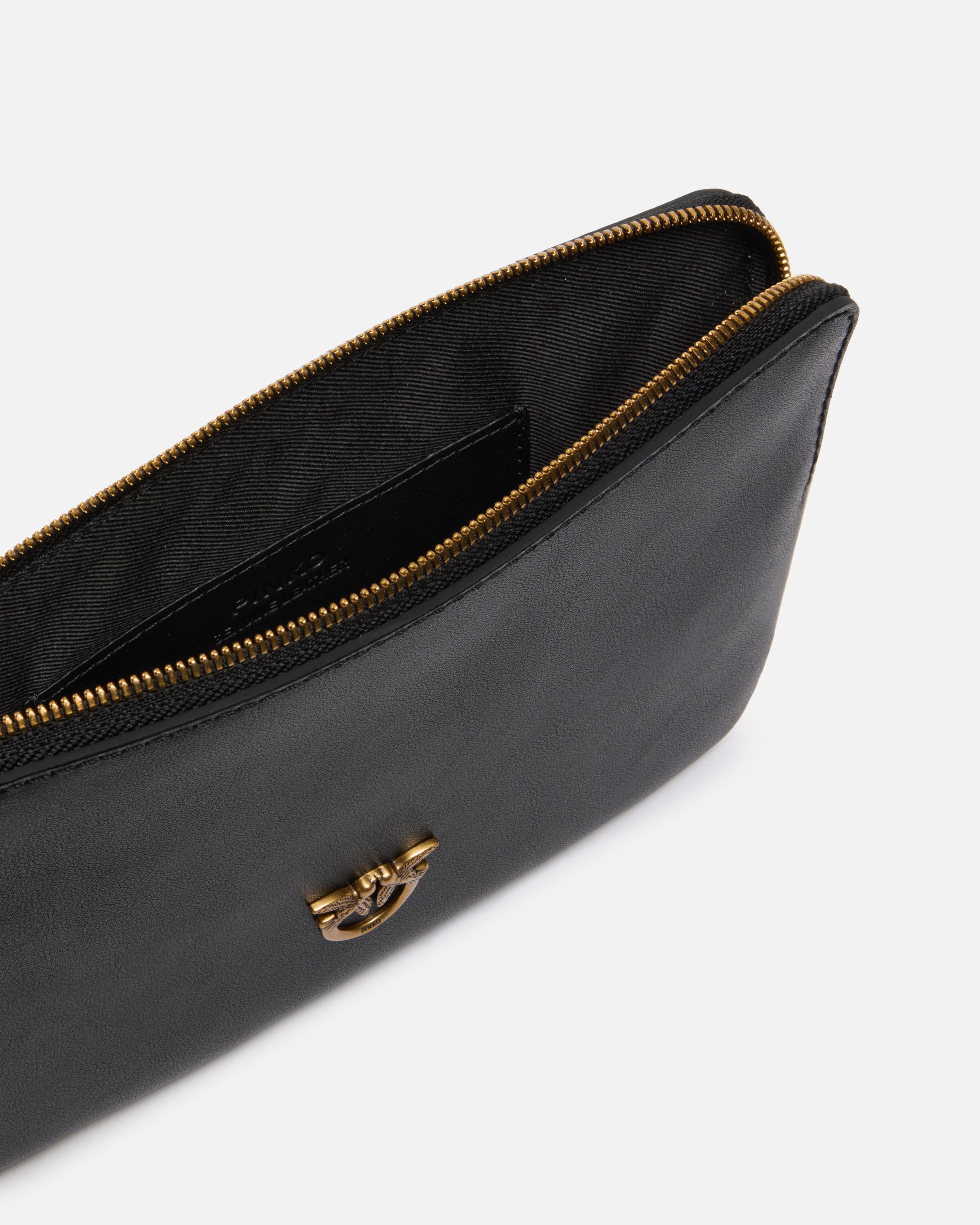 Pinko Square Leather Wrist Clutch Bag With Bird Logo In Nero-antique Gold