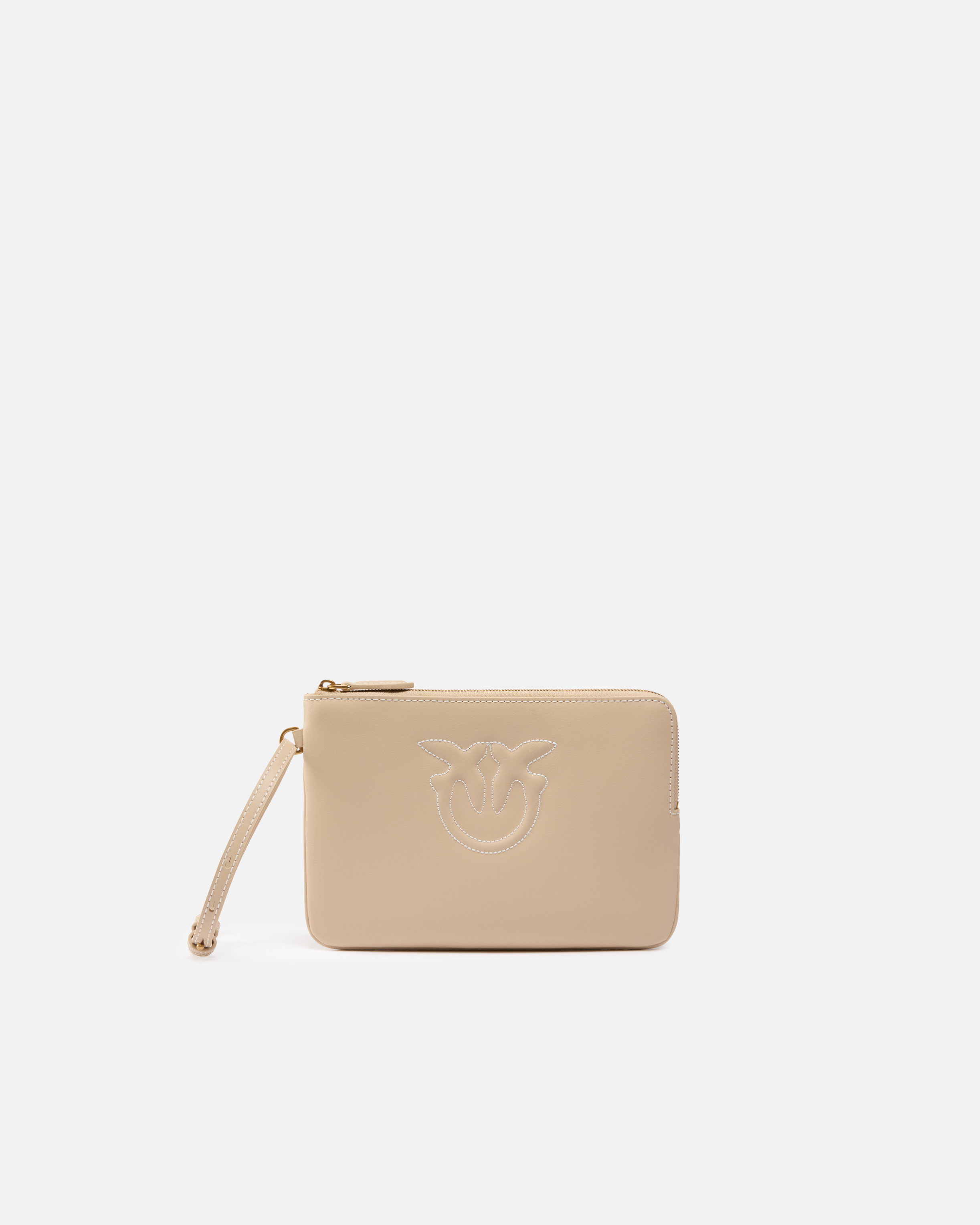 Pinko Leather Clutch With Wristlet And Birds Logo In Beige-smoke Grey-antique Gold