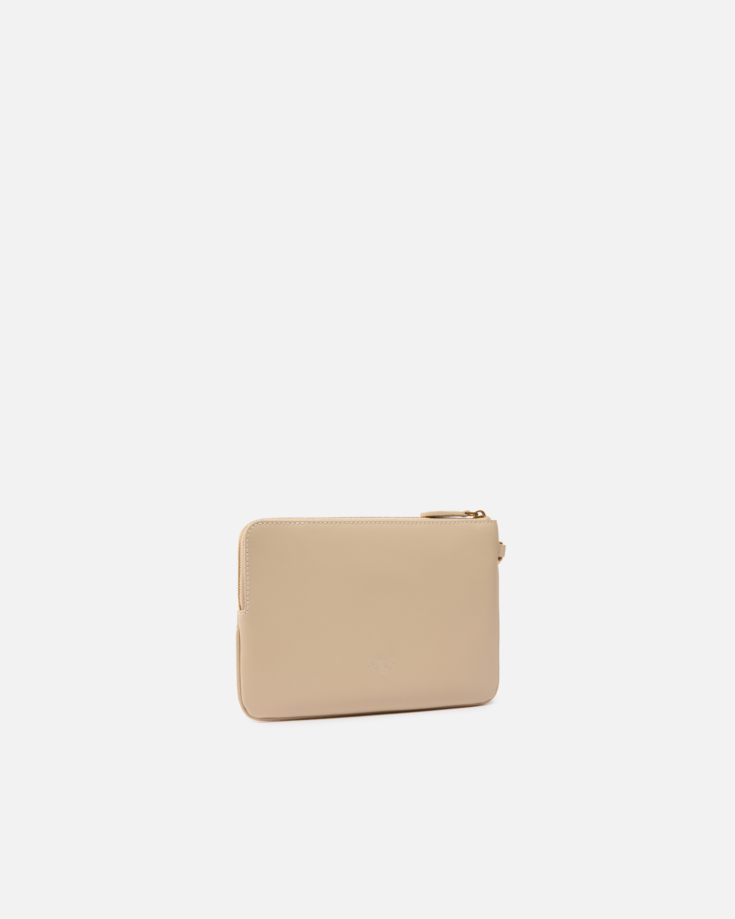 Pinko Leather Clutch With Wristlet And Birds Logo In Beige-smoke Grey-antique Gold