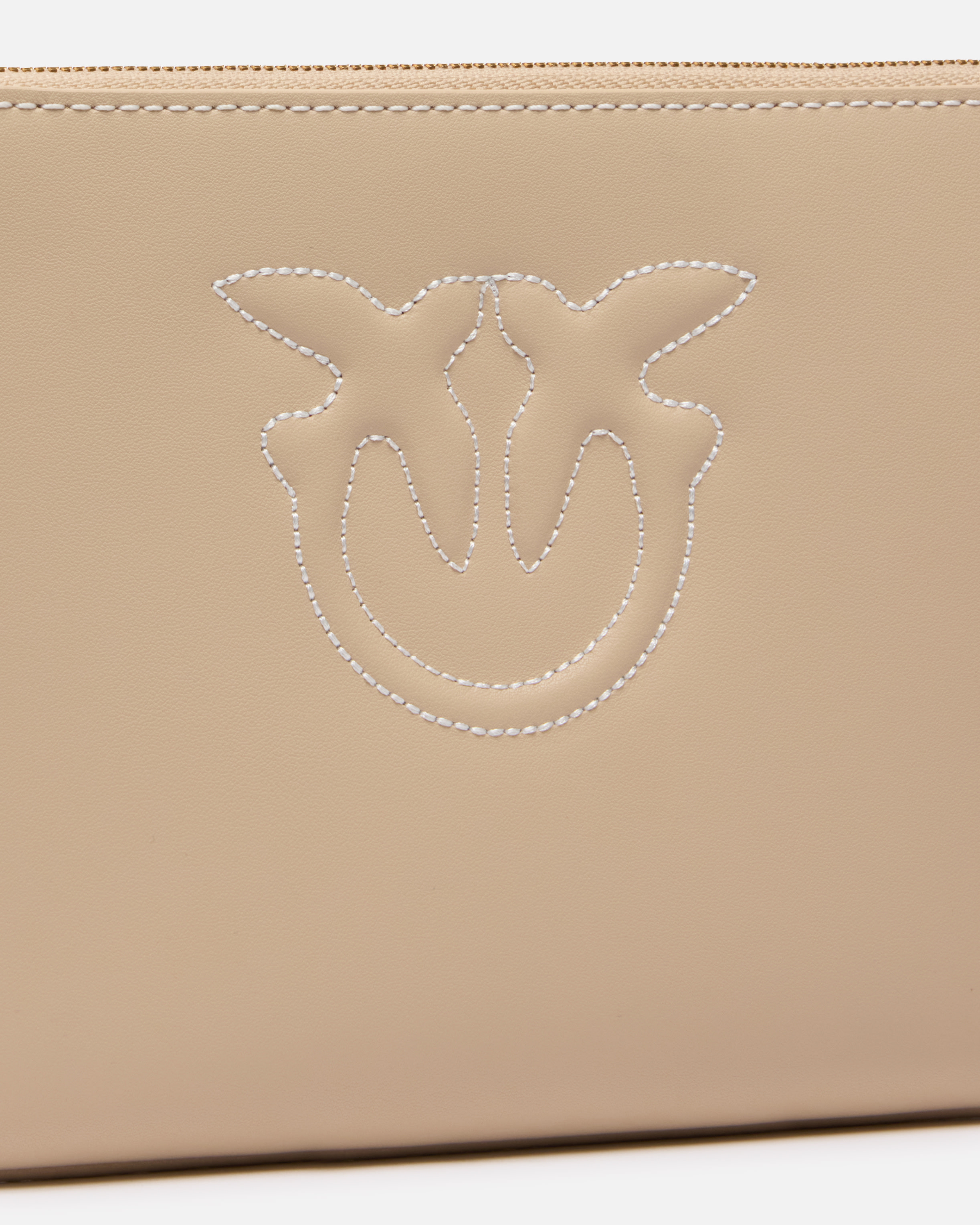 Pinko Leather Clutch With Wristlet And Birds Logo In Beige-smoke Grey-antique Gold