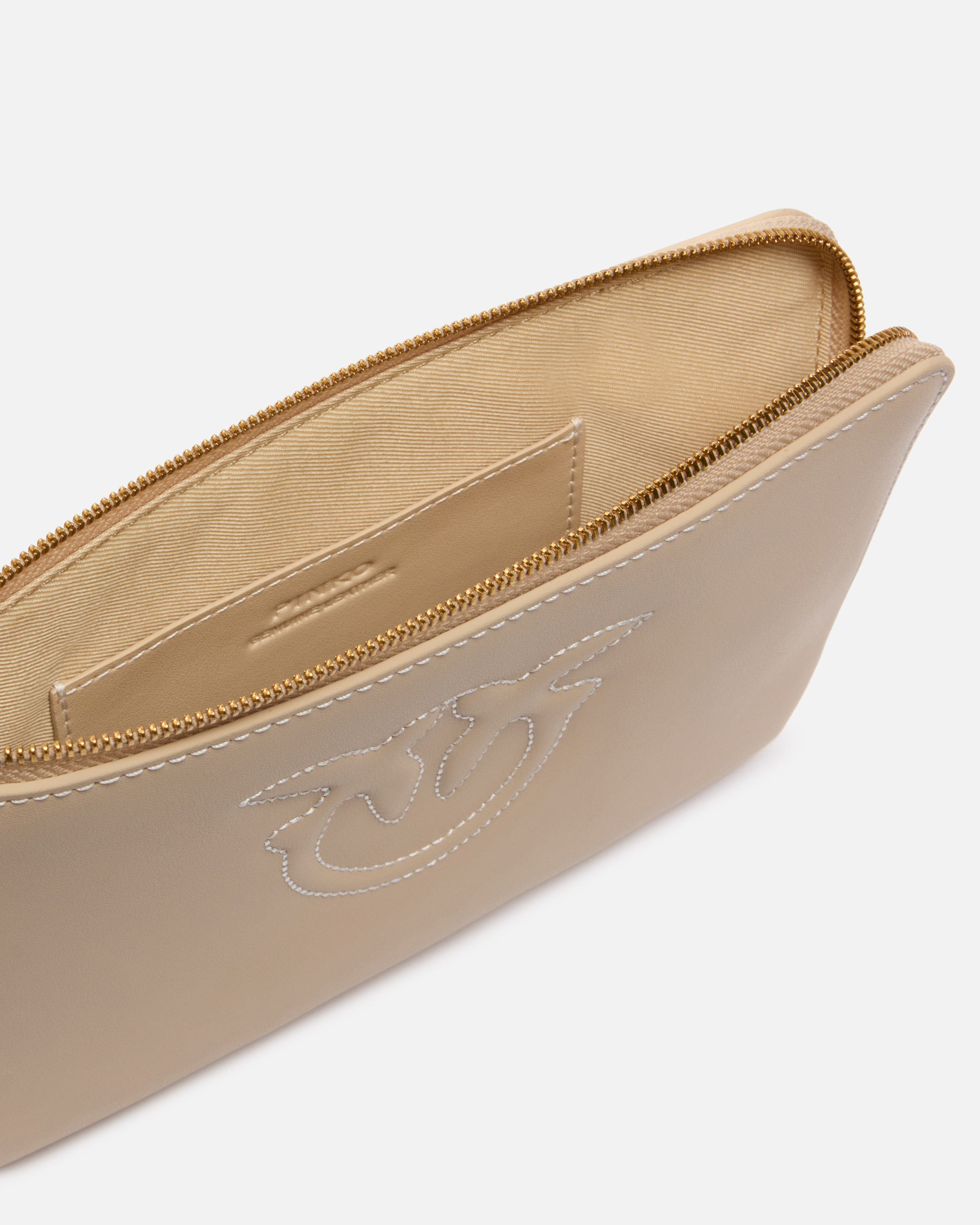 Pinko Leather Clutch With Wristlet And Birds Logo In Beige-smoke Grey-antique Gold