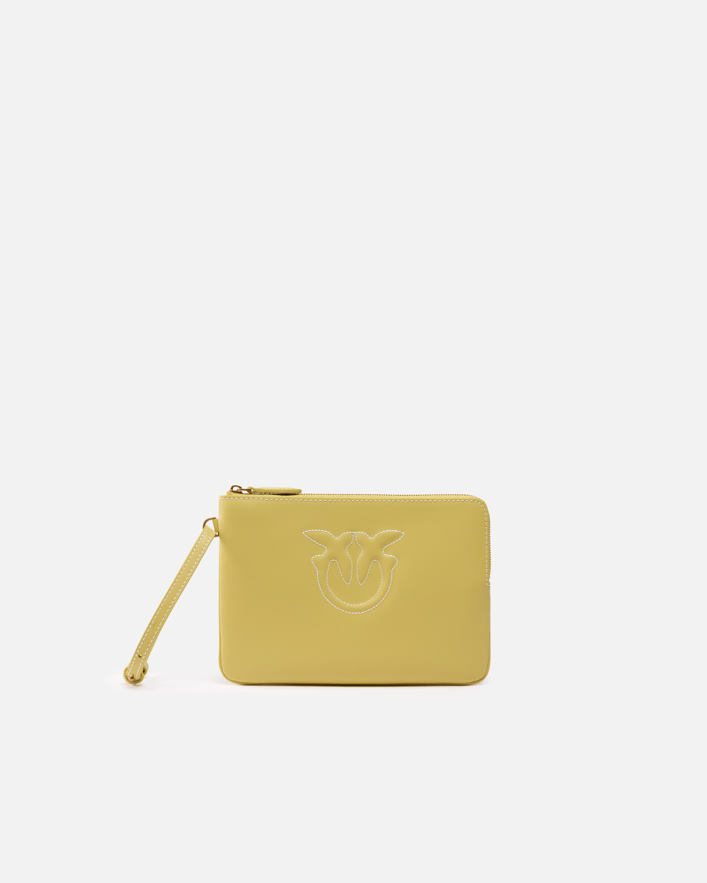 Pinko Leather Clutch With Wristlet And Birds Logo In Lime-antique Gold
