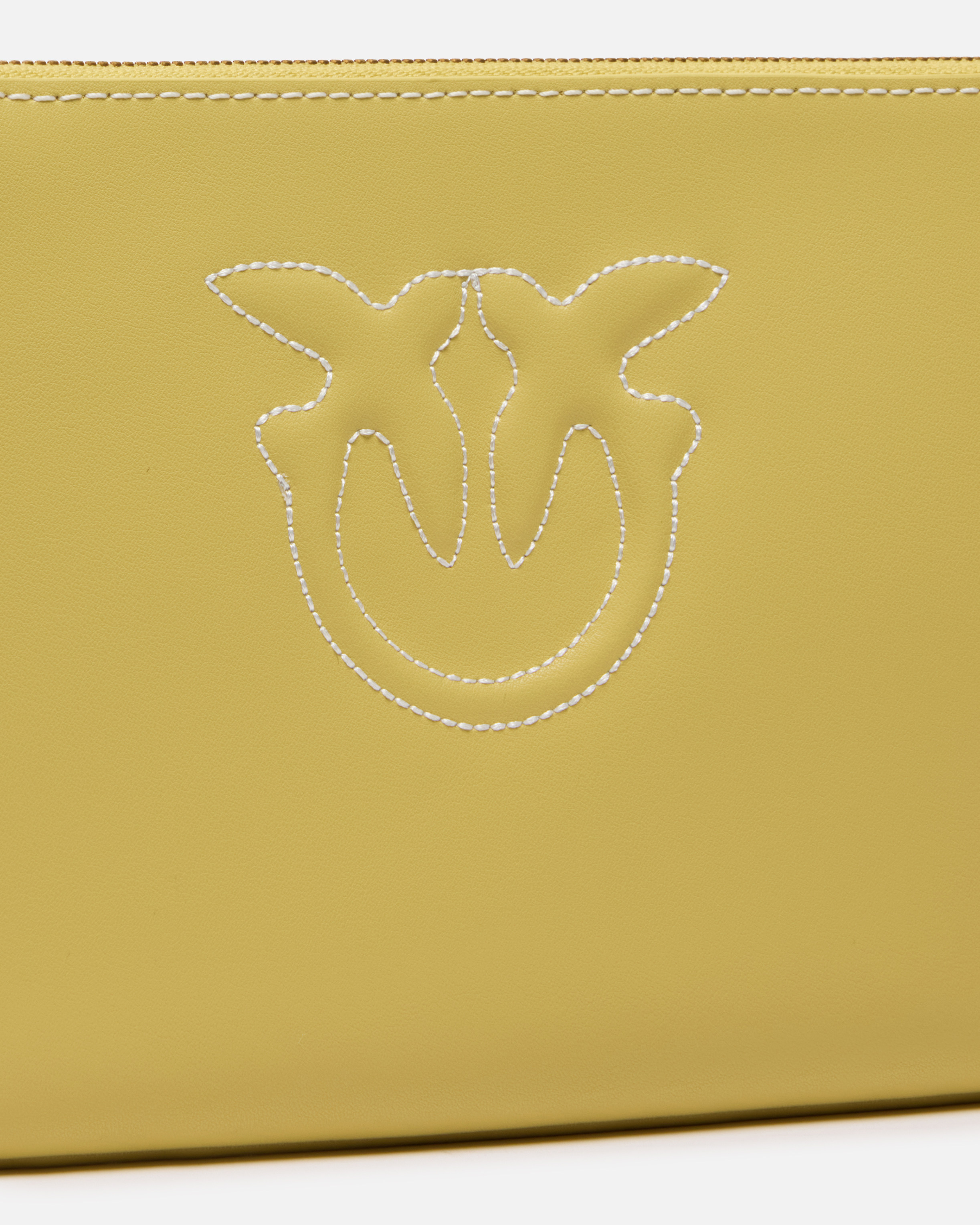 Pinko Leather Clutch With Wristlet And Birds Logo In Lime-antique Gold