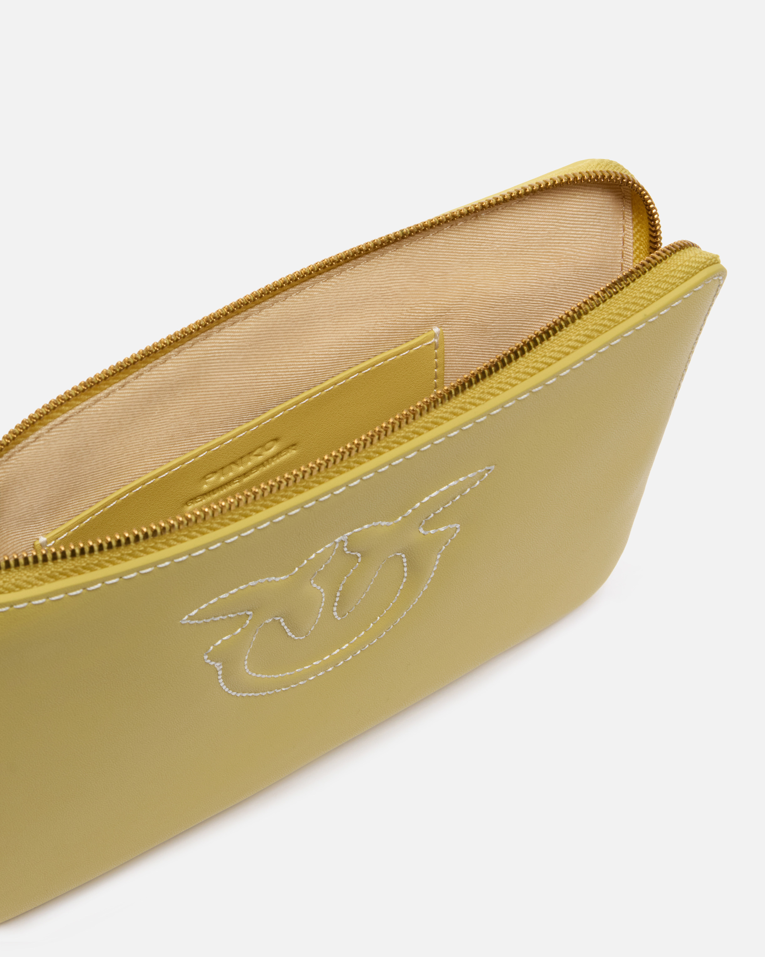 Pinko Leather Clutch With Wristlet And Birds Logo In Lime-antique Gold