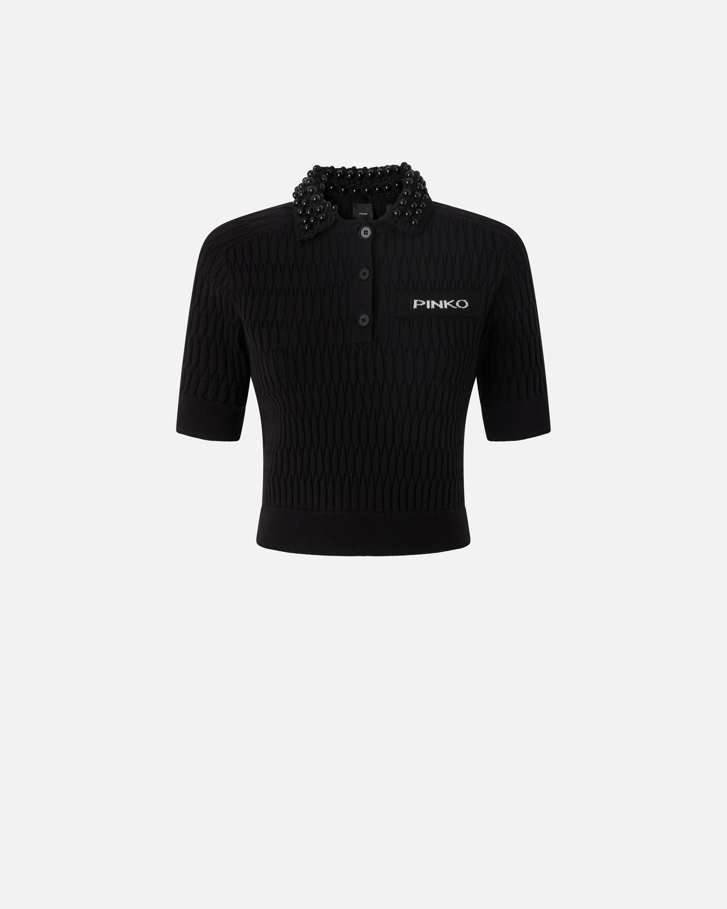 Pinko Short Knit Polo With Beaded Crocheted Collar In Limo Black