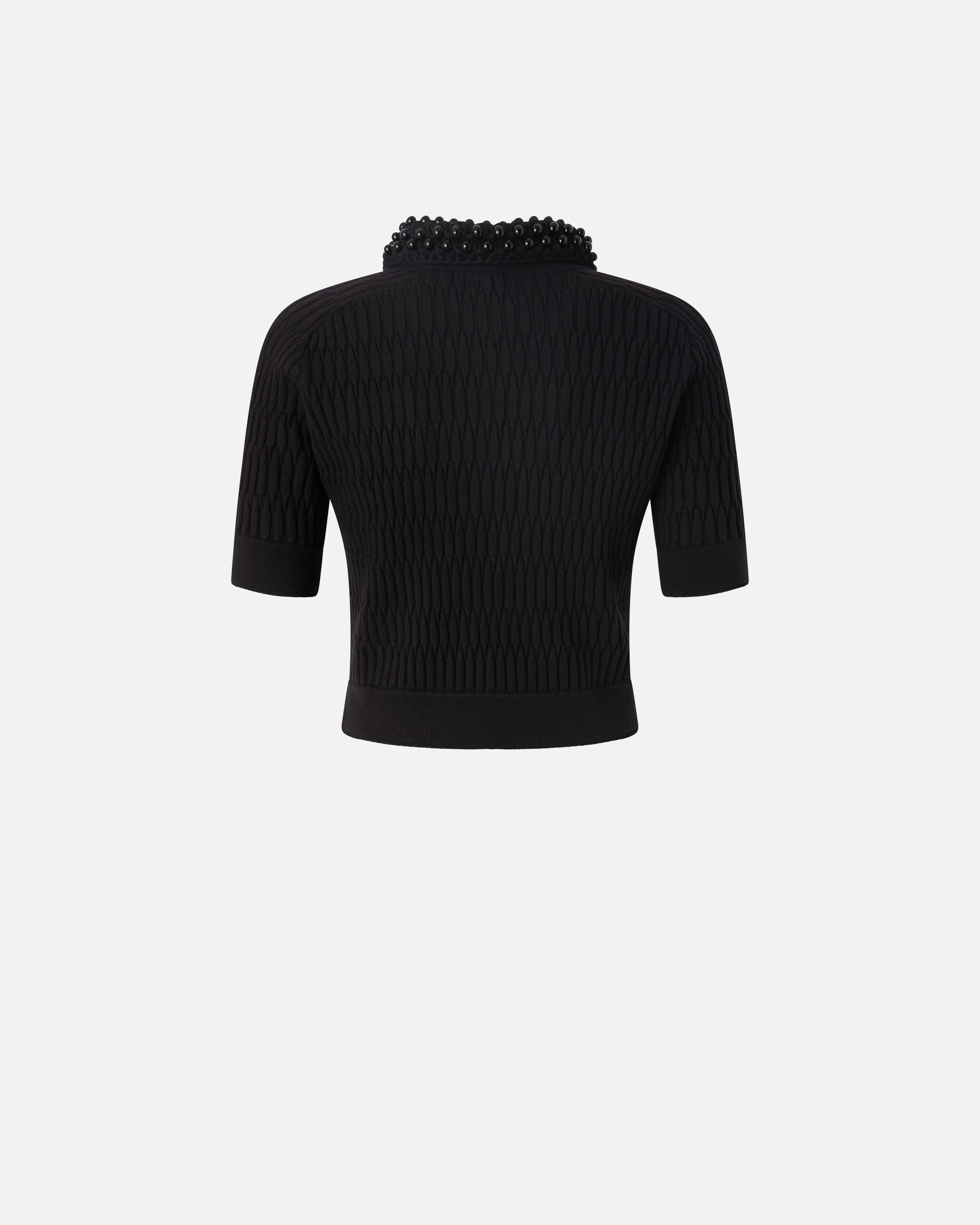 Pinko Short Knit Polo With Beaded Crocheted Collar In Limo Black