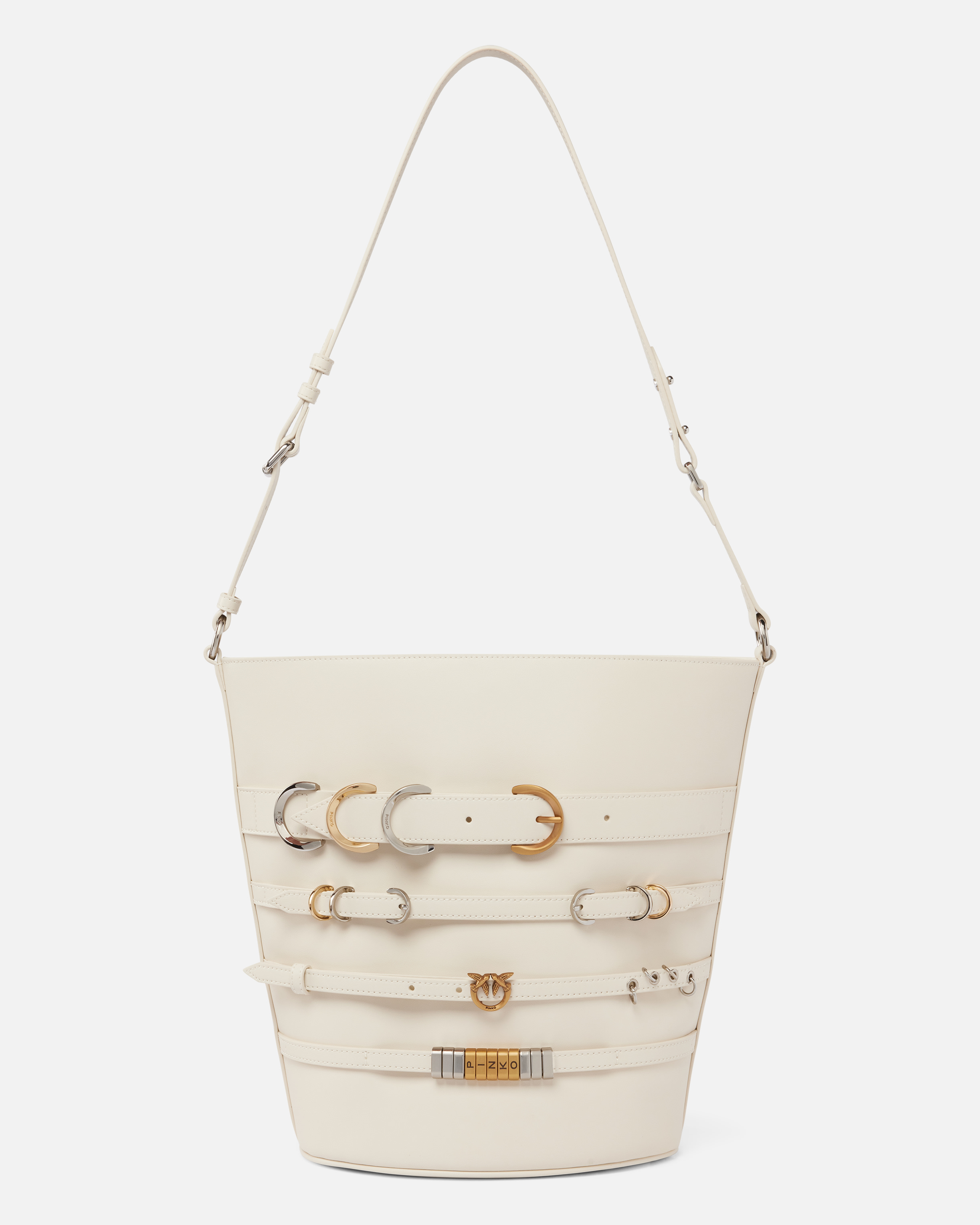 Pinko Large Leather Bucket Bag With Straps In Bianco Seta-mix Gal. Gold-nikel