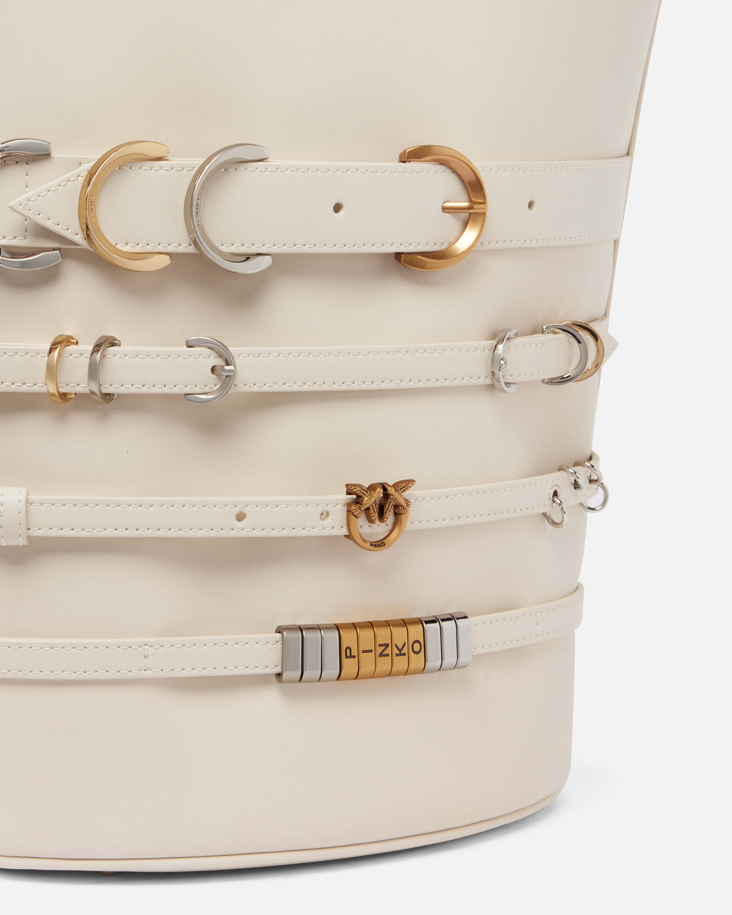 Pinko Large Leather Bucket Bag With Straps In Bianco Seta-mix Gal. Gold-nikel