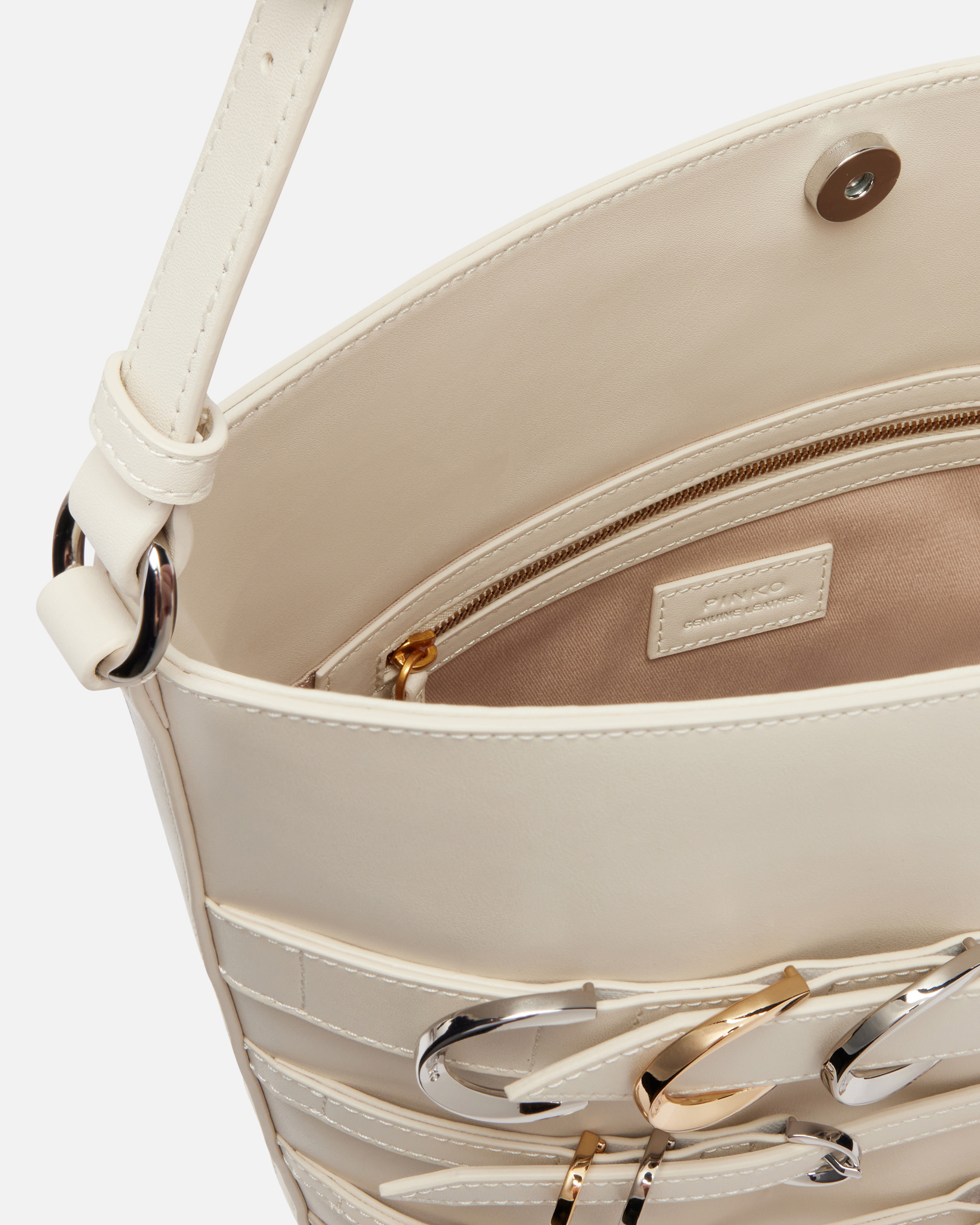 Pinko Large Leather Bucket Bag With Straps In Bianco Seta-mix Gal. Gold-nikel