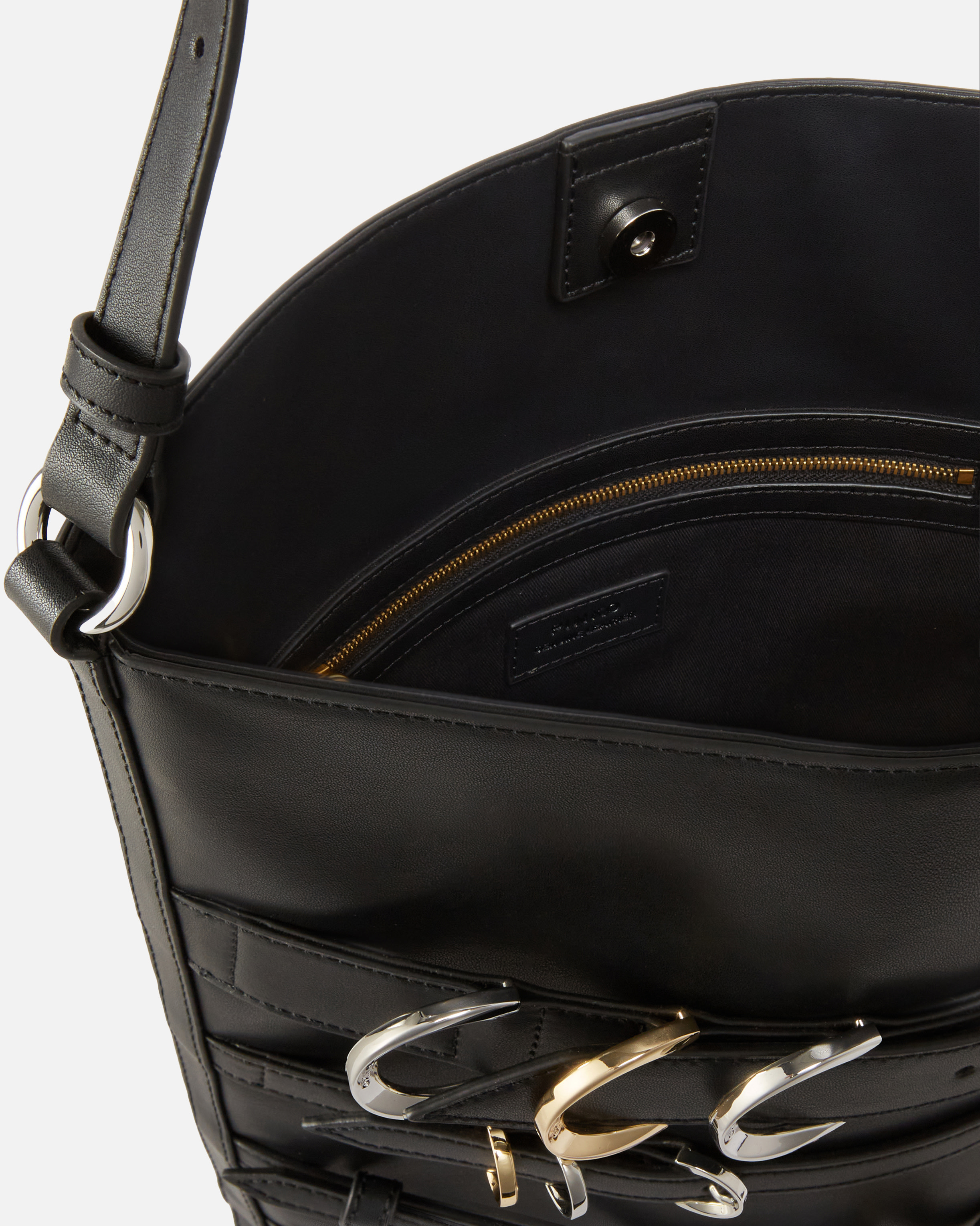Pinko Large Leather Bucket Bag With Straps In Nero Limousine