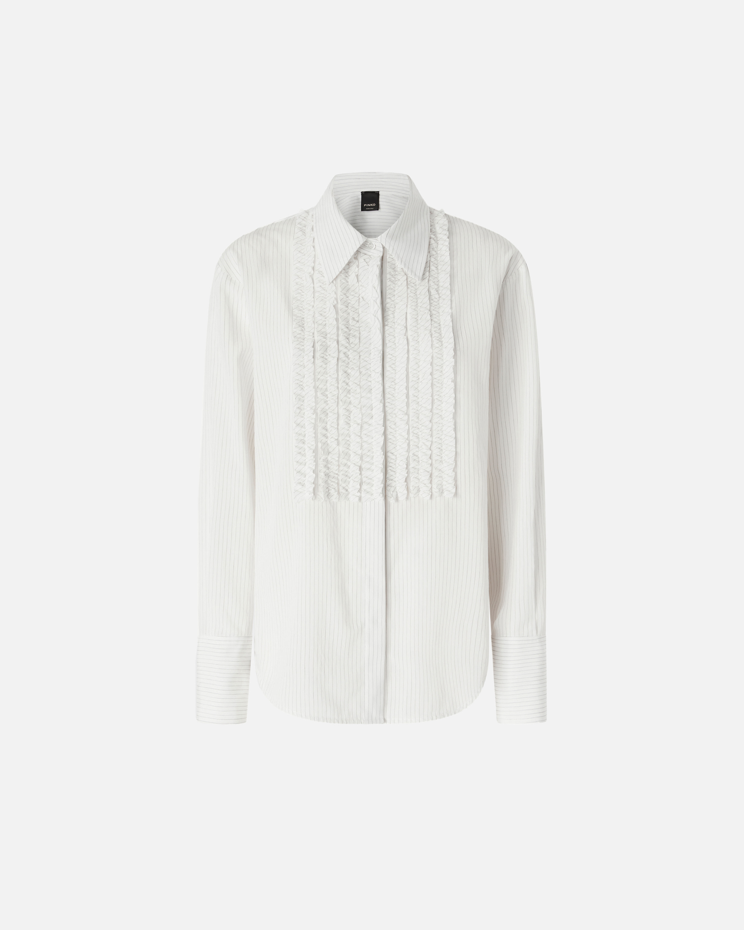 Pinko, Camisa de rayas finas con volante delante, Blanco/negro, 46