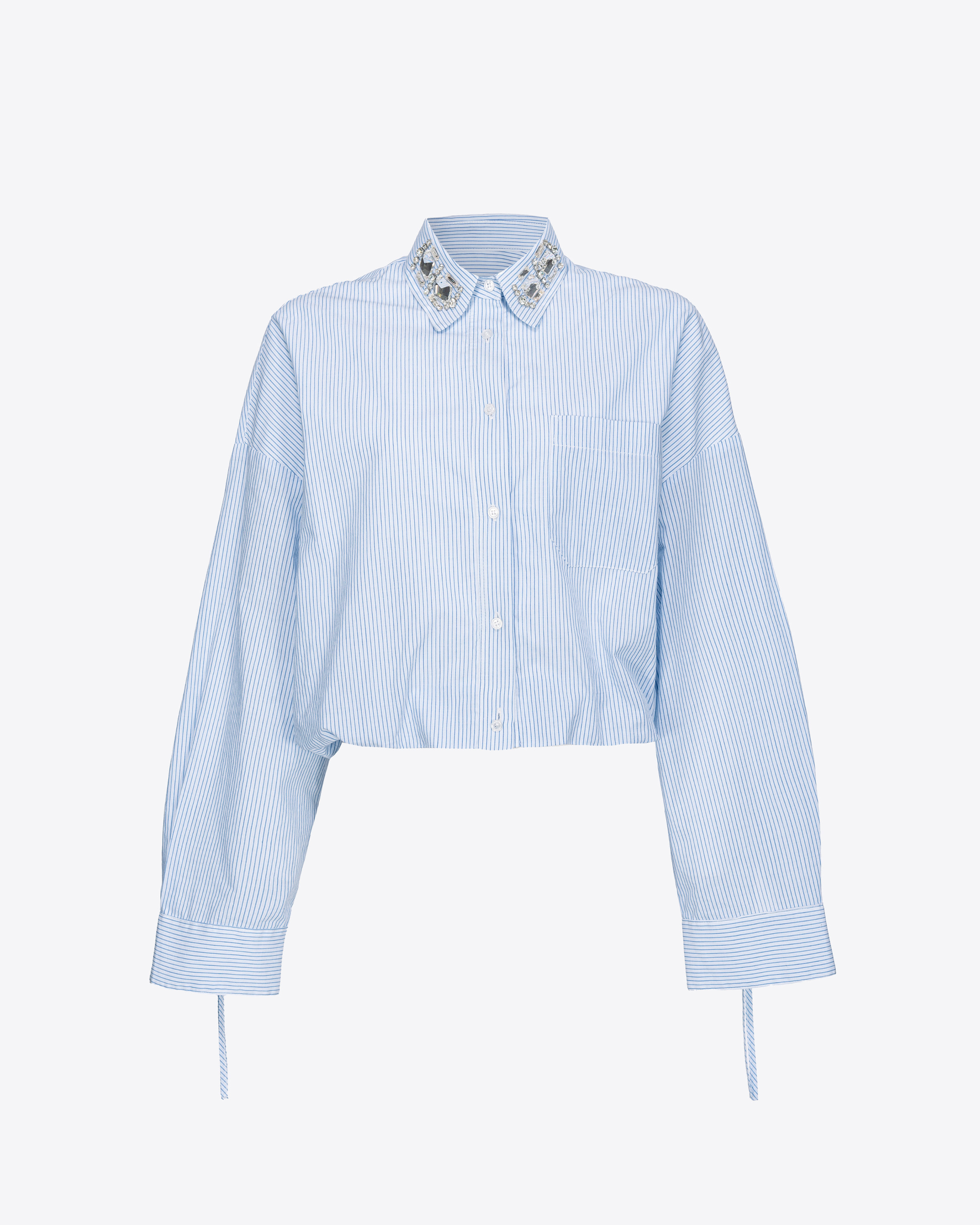 Pinko Cropped Striped Shirt With Bejewelled Collar In Bianco/azzurro