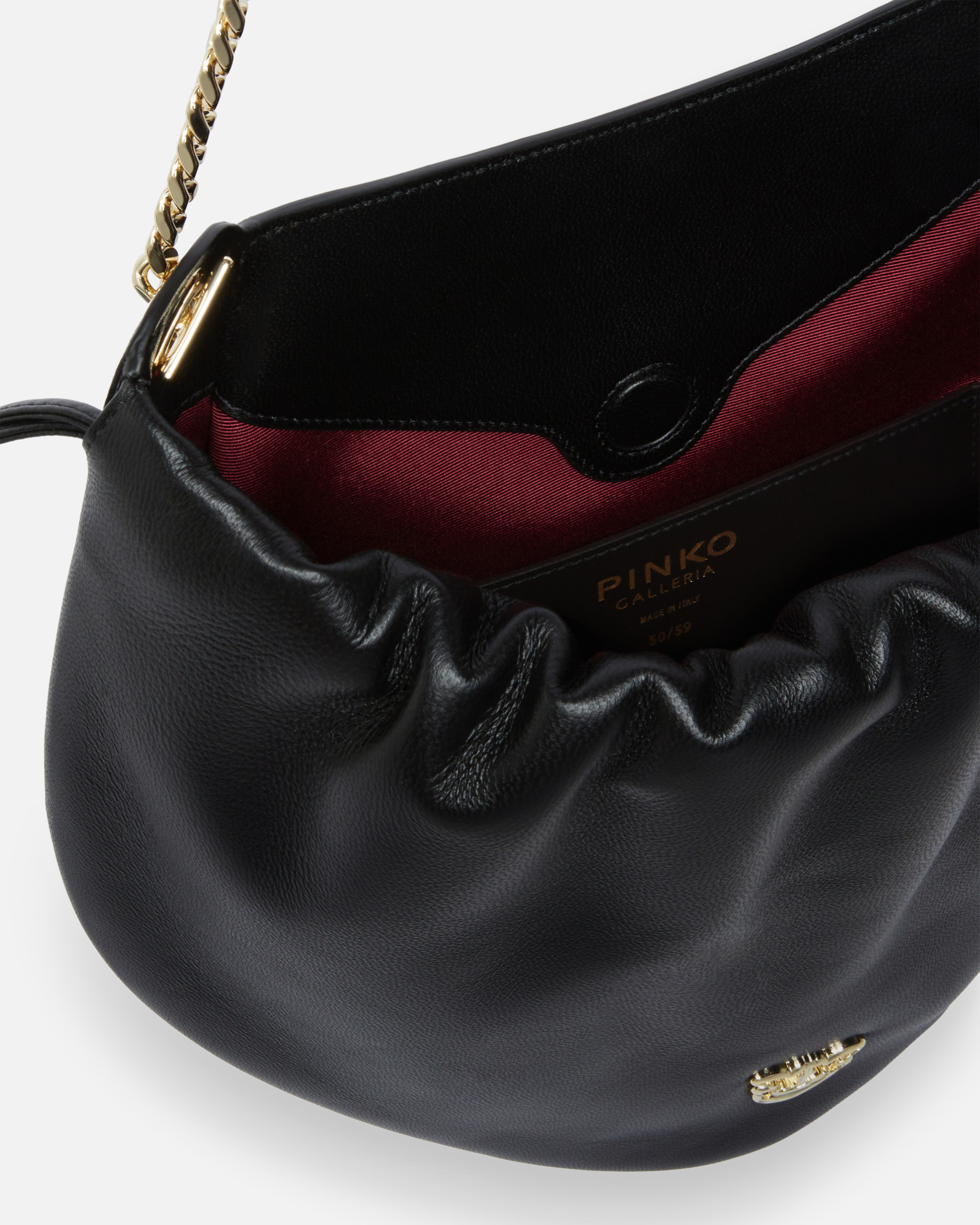 Pinko Gathered Nappa Leather Hobo Bag With Chain Shoulder Strap  Galleria In Noir-or Clair