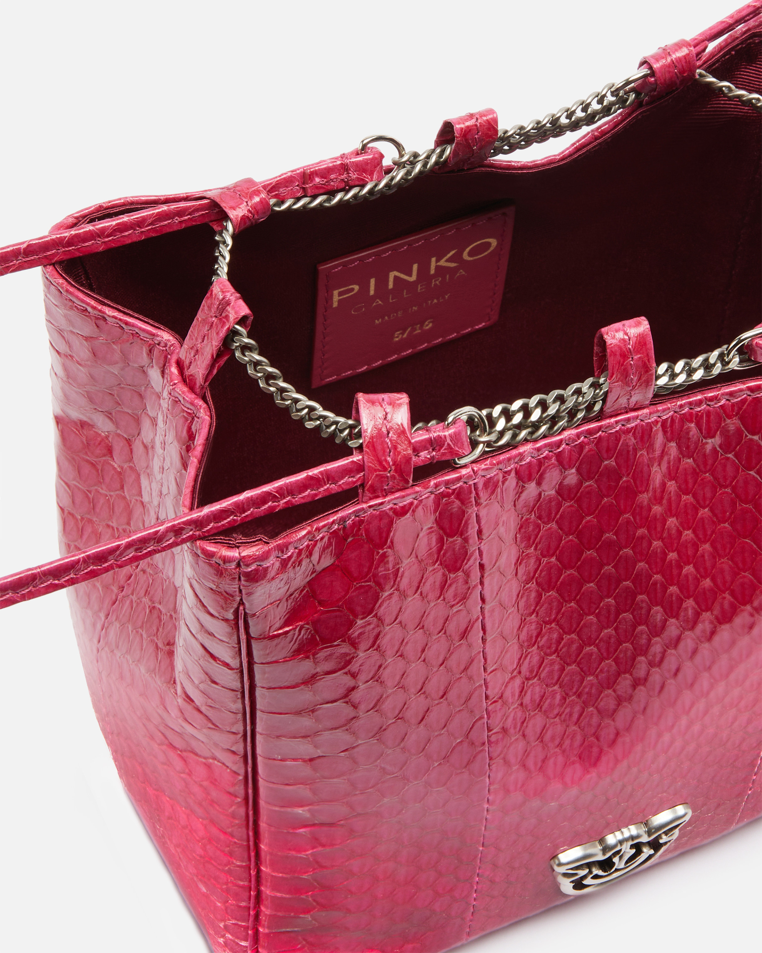 Pinko Pochette Mini Seau En Reptile Brillant  Galleria In Fuchsia-cactus Flower-old Silver