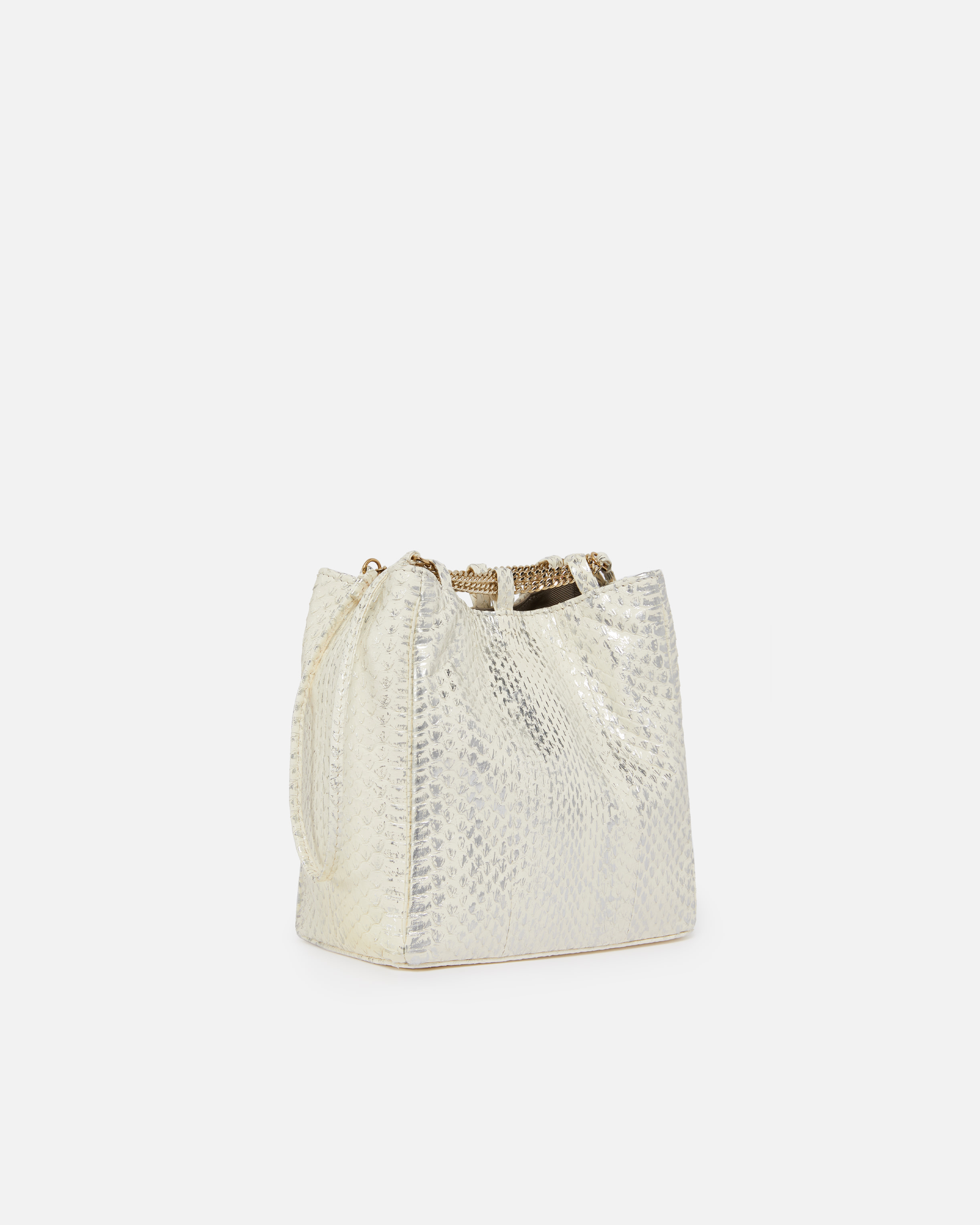 Pinko Galleria Mini Bucket Bag In Laminated Reptile Skin In White/silver-light Gold
