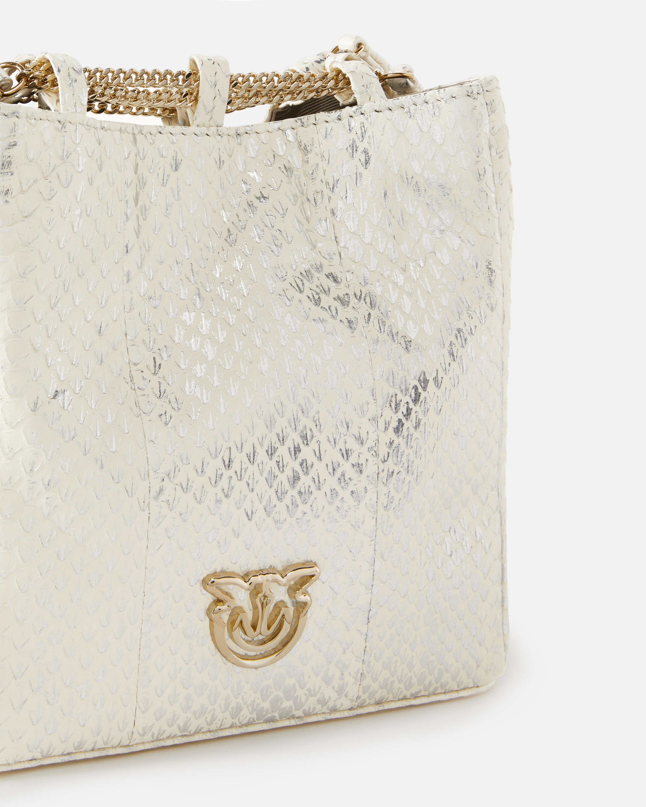 Pinko Galleria Mini Bucket Bag In Laminated Reptile Skin In White/silver-light Gold