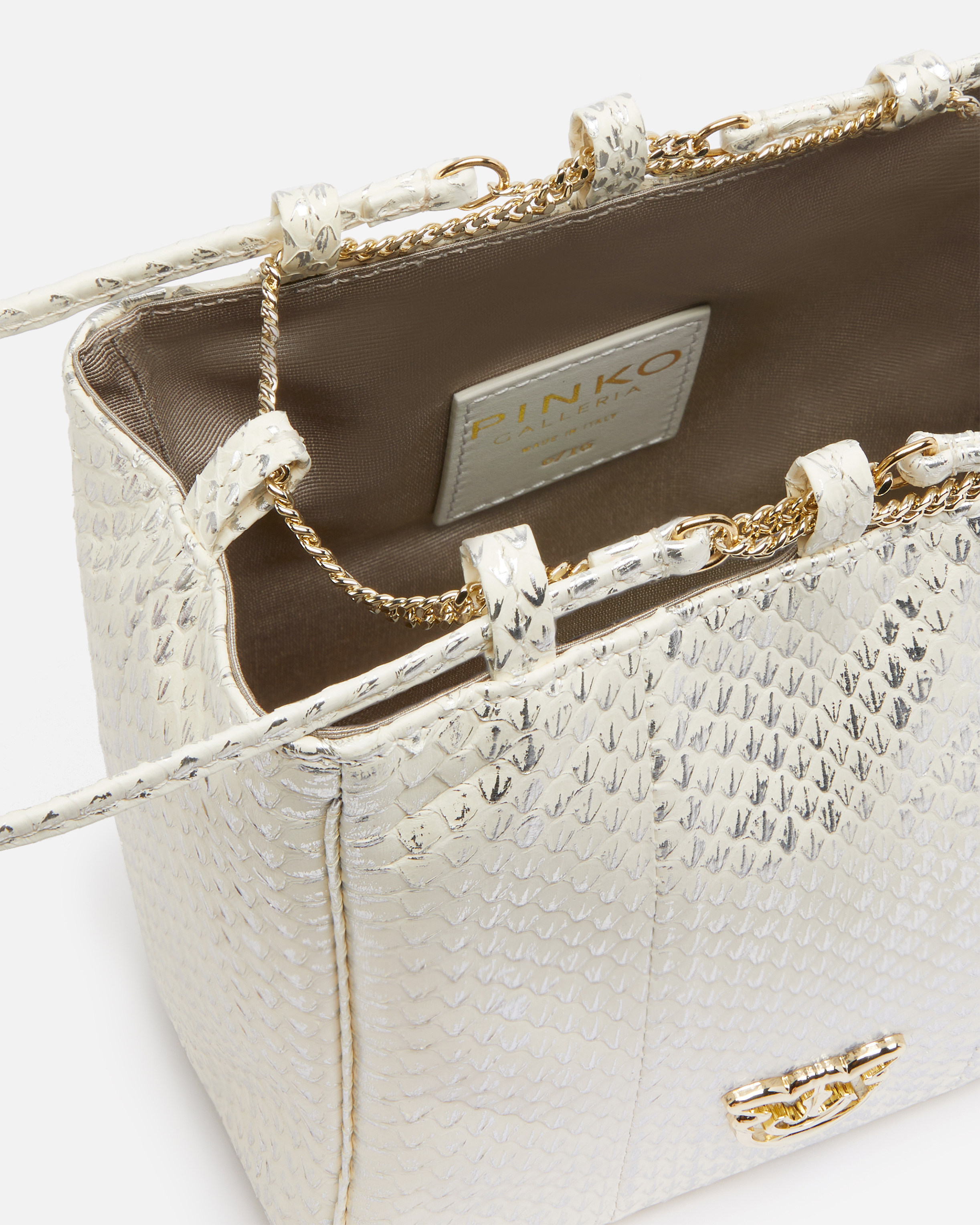 Pinko Galleria Mini Bucket Bag In Laminated Reptile Skin In White/silver-light Gold