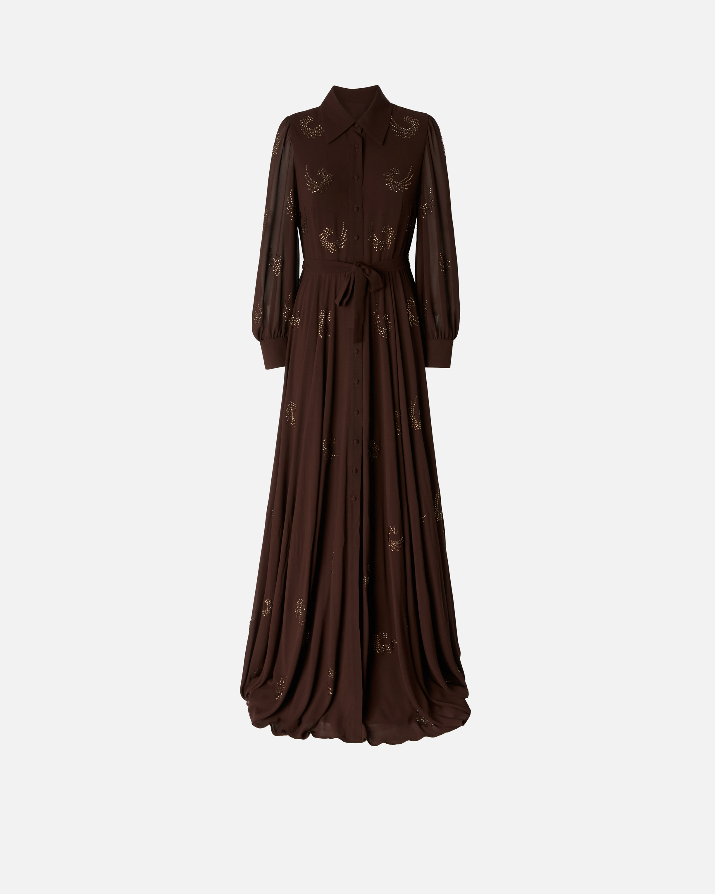 Pinko Lightweight Long Dress With Rhinestone Swirls In Coffee Bean Brown