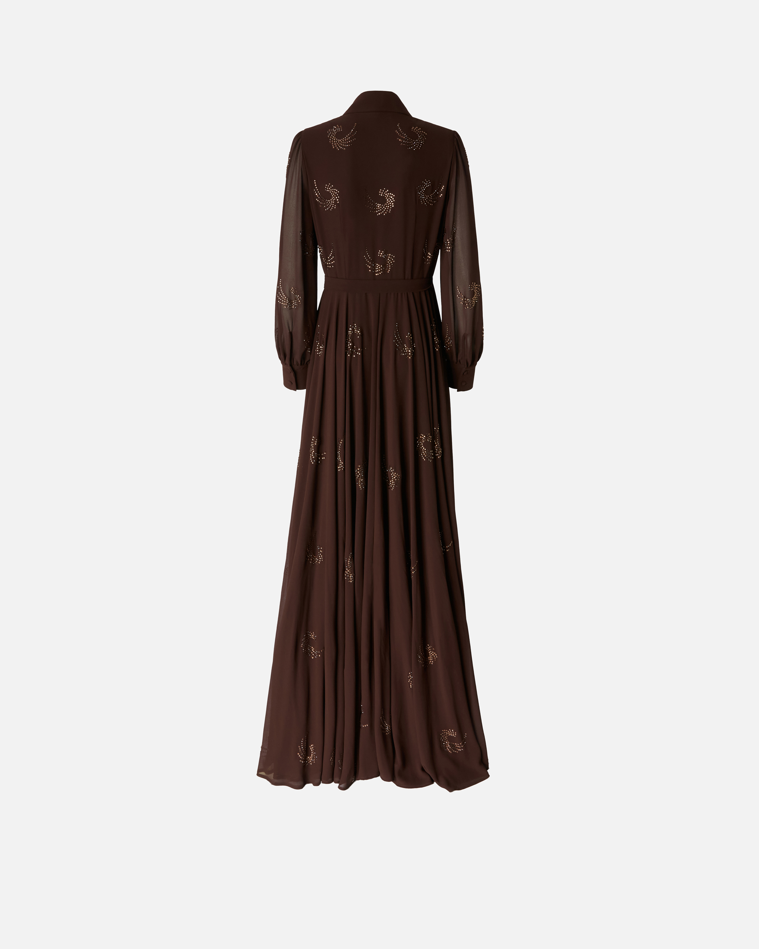 Pinko Lightweight Long Dress With Rhinestone Swirls In Coffee Bean Brown