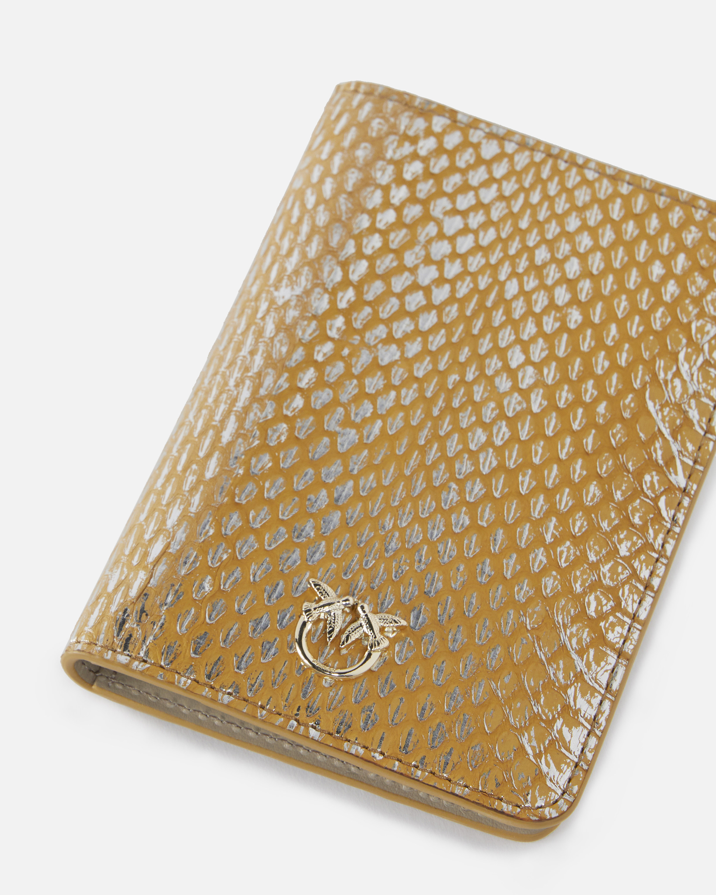 Pinko Galleria Vintage Laminated Reptile Skin Passport Holder In Gold/silver-light Gold