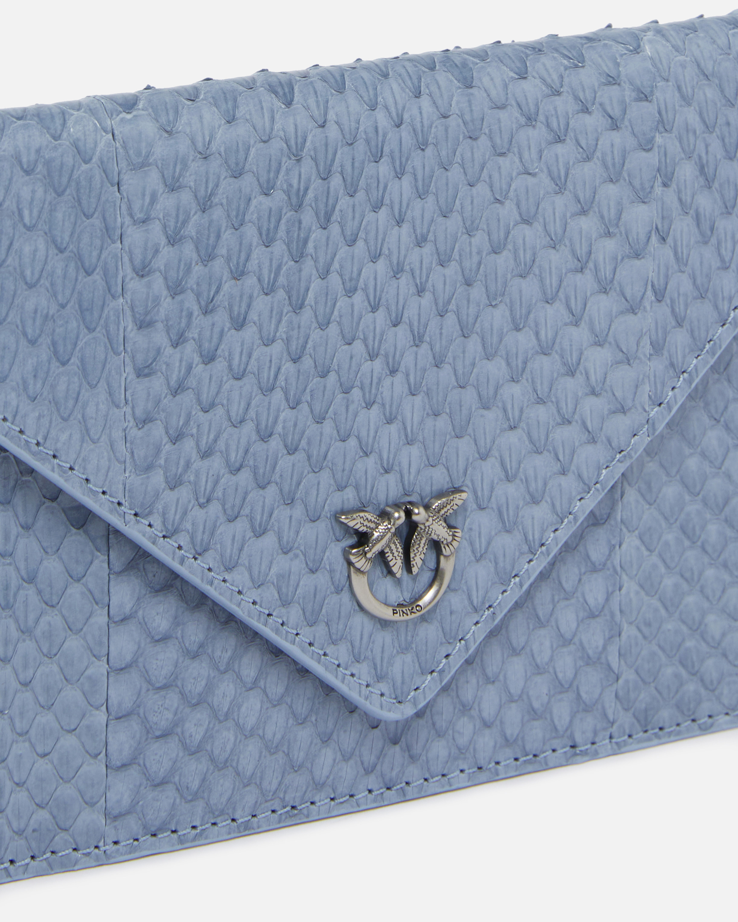 Pinko Galleria Small Pouch In Shiny Reptile Skin In Dusty Blue-old Silver