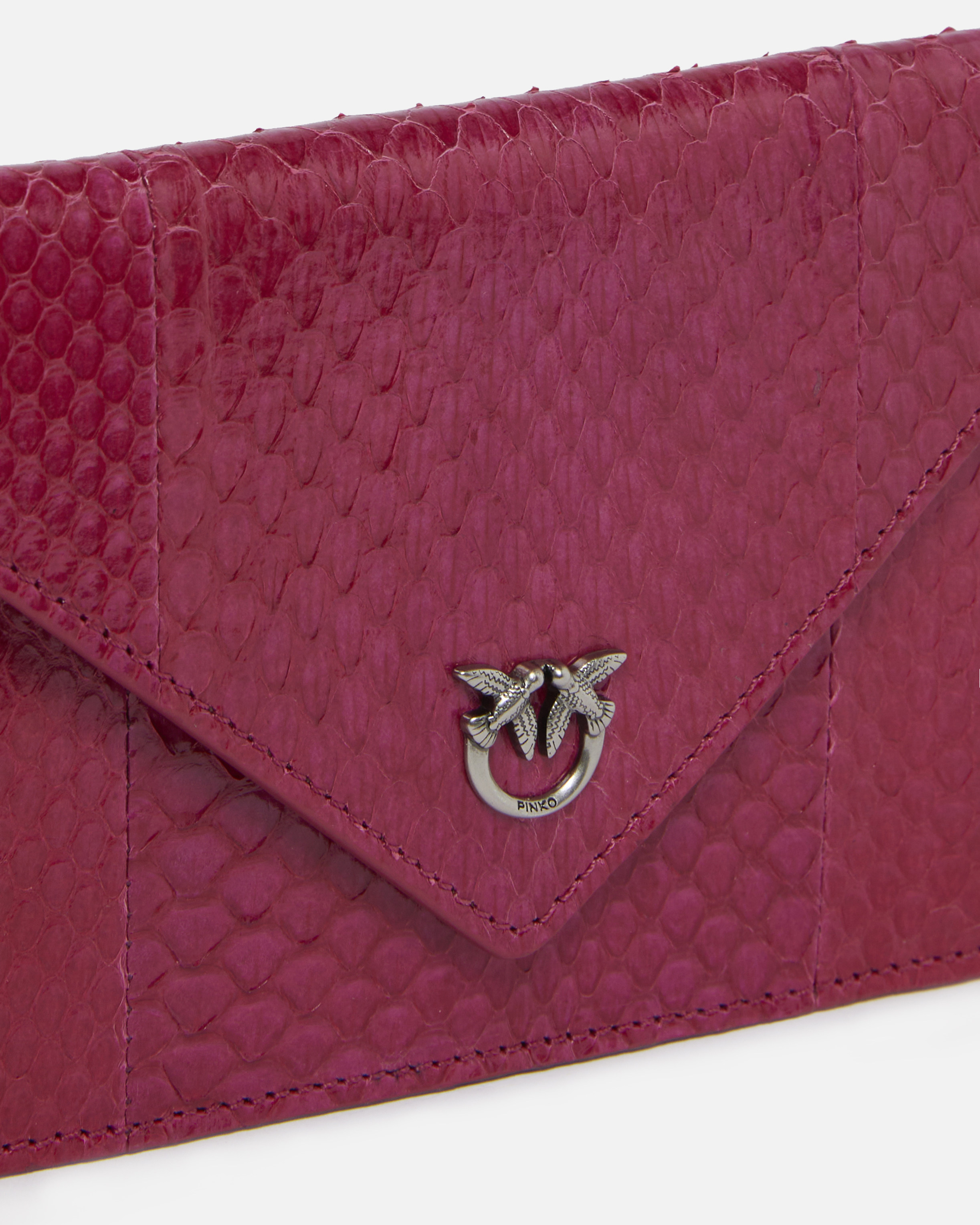 Pinko Galleria Small Pouch In Shiny Reptile Skin In Fuchsia-cactus Flower-old Silver